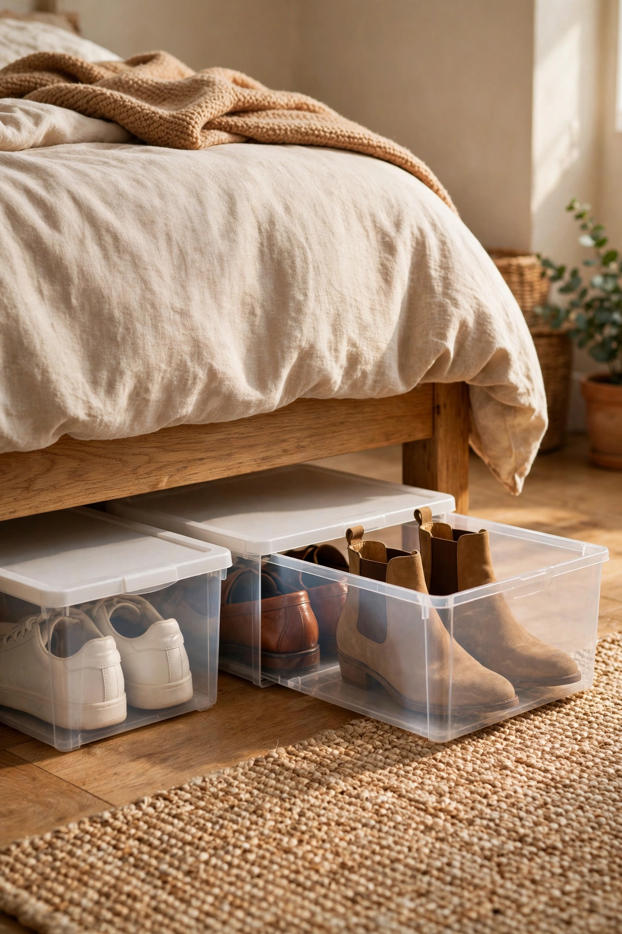 dollar store organization ideas: flat storage boxes for shoes under the bed