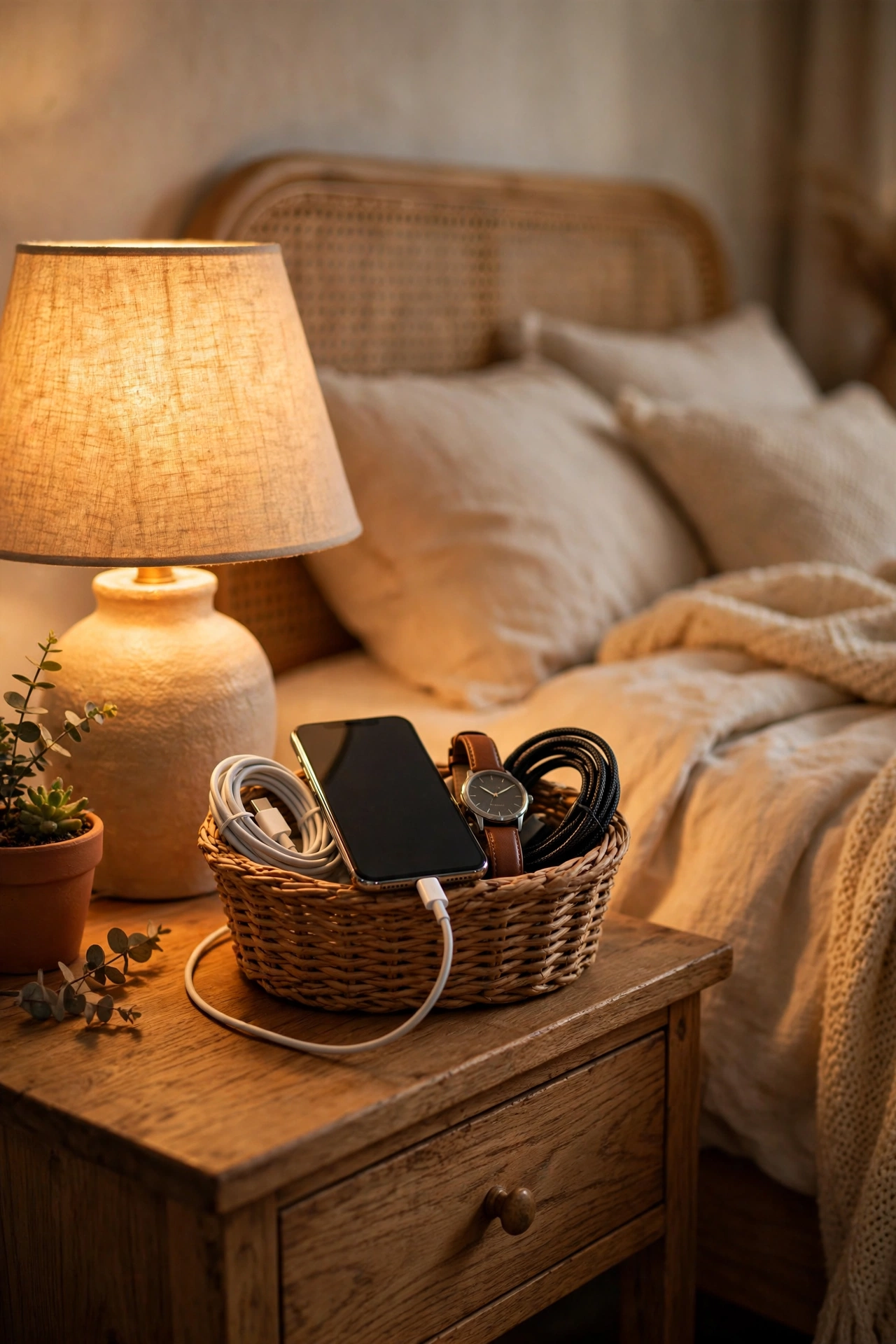 dollar store organization ideas: basket charging station on a nightstand