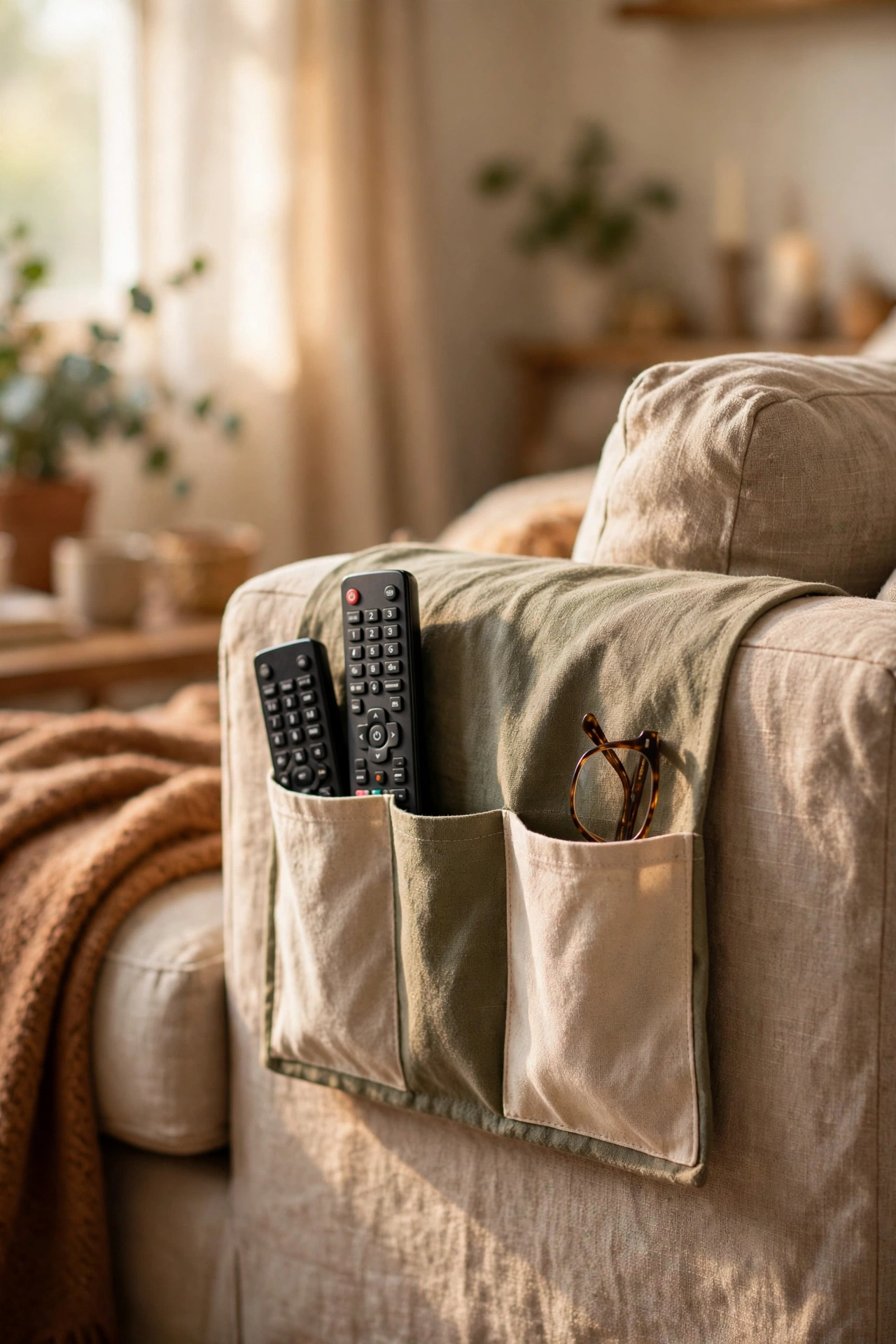 dollar store organization ideas: armrest caddy holding TV remotes on a sofa