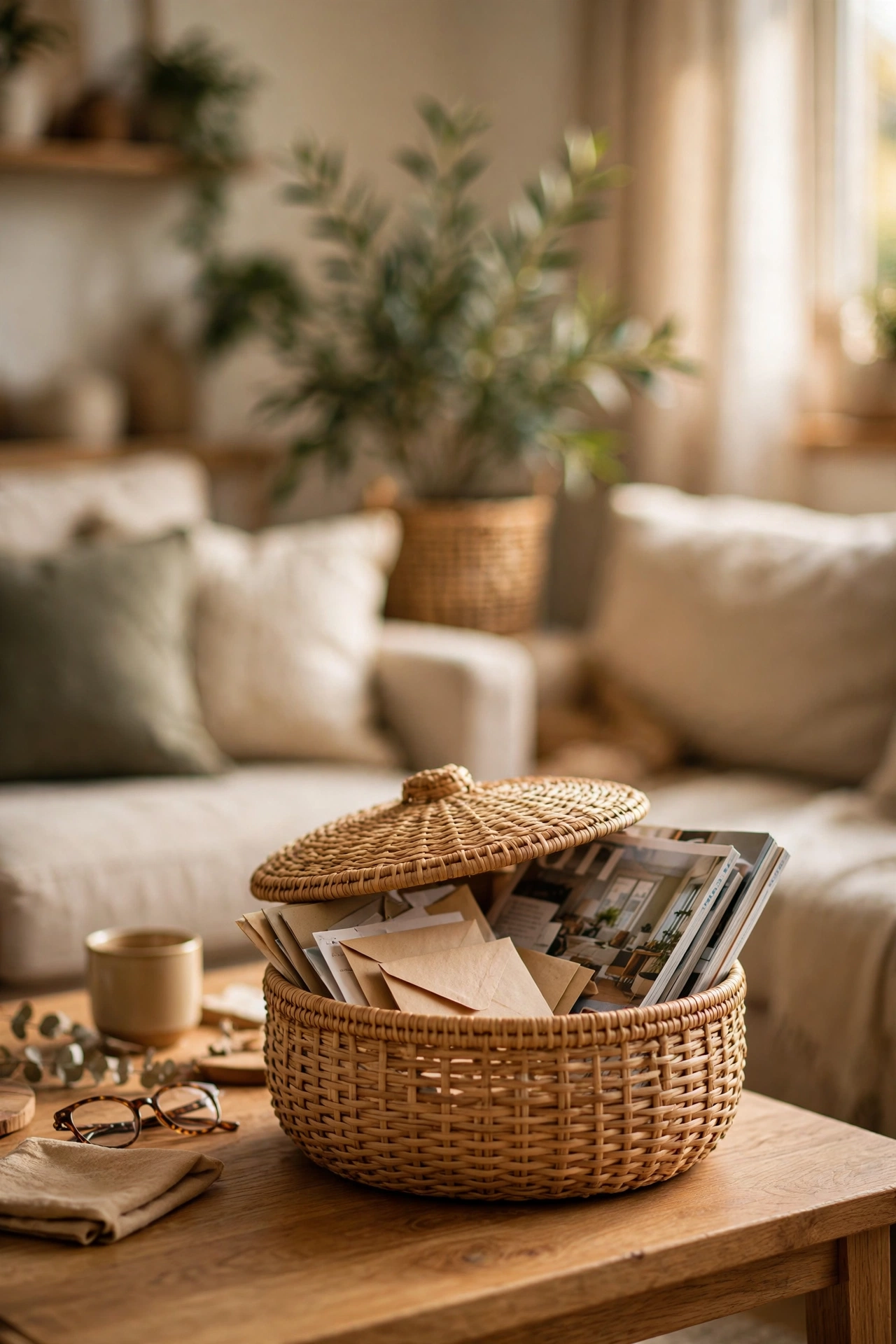 dollar store organization ideas: lidded basket catching clutter on a coffee table