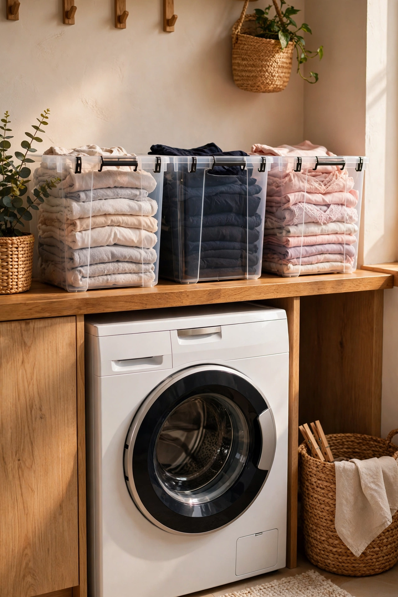dollar store organization ideas: labelled bins for sorting laundry above the washer
