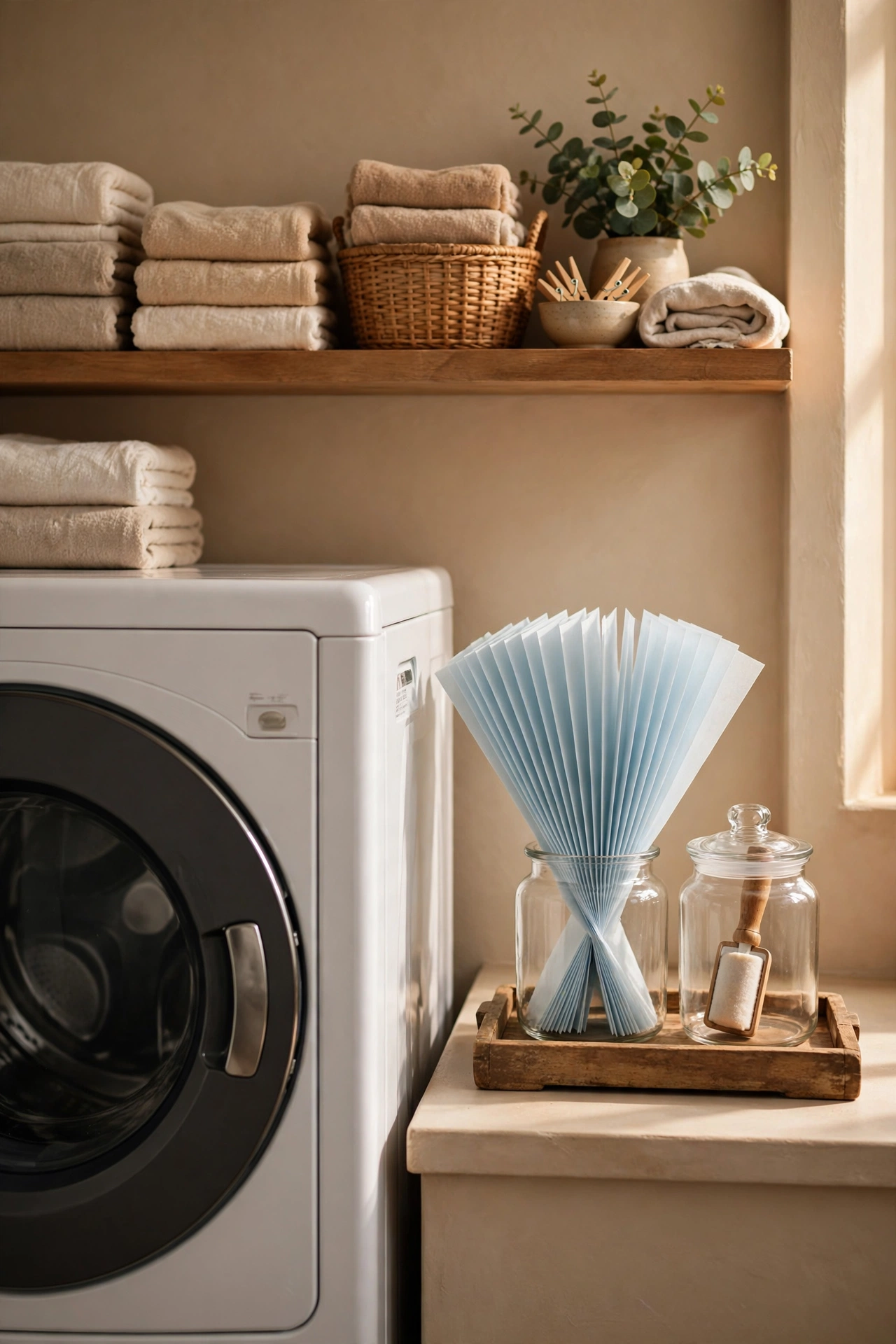 dollar store organization ideas: jars storing dryer sheets and a lint roller