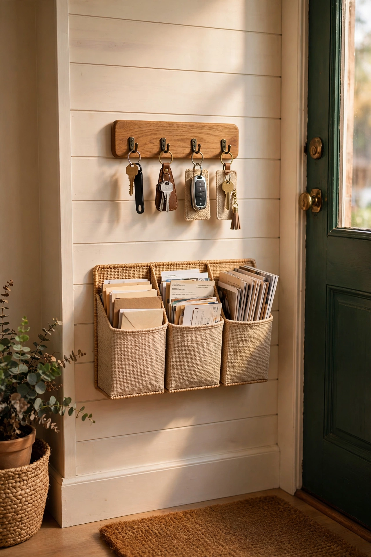 dollar store organization ideas: hook board for keys and mail by the front door