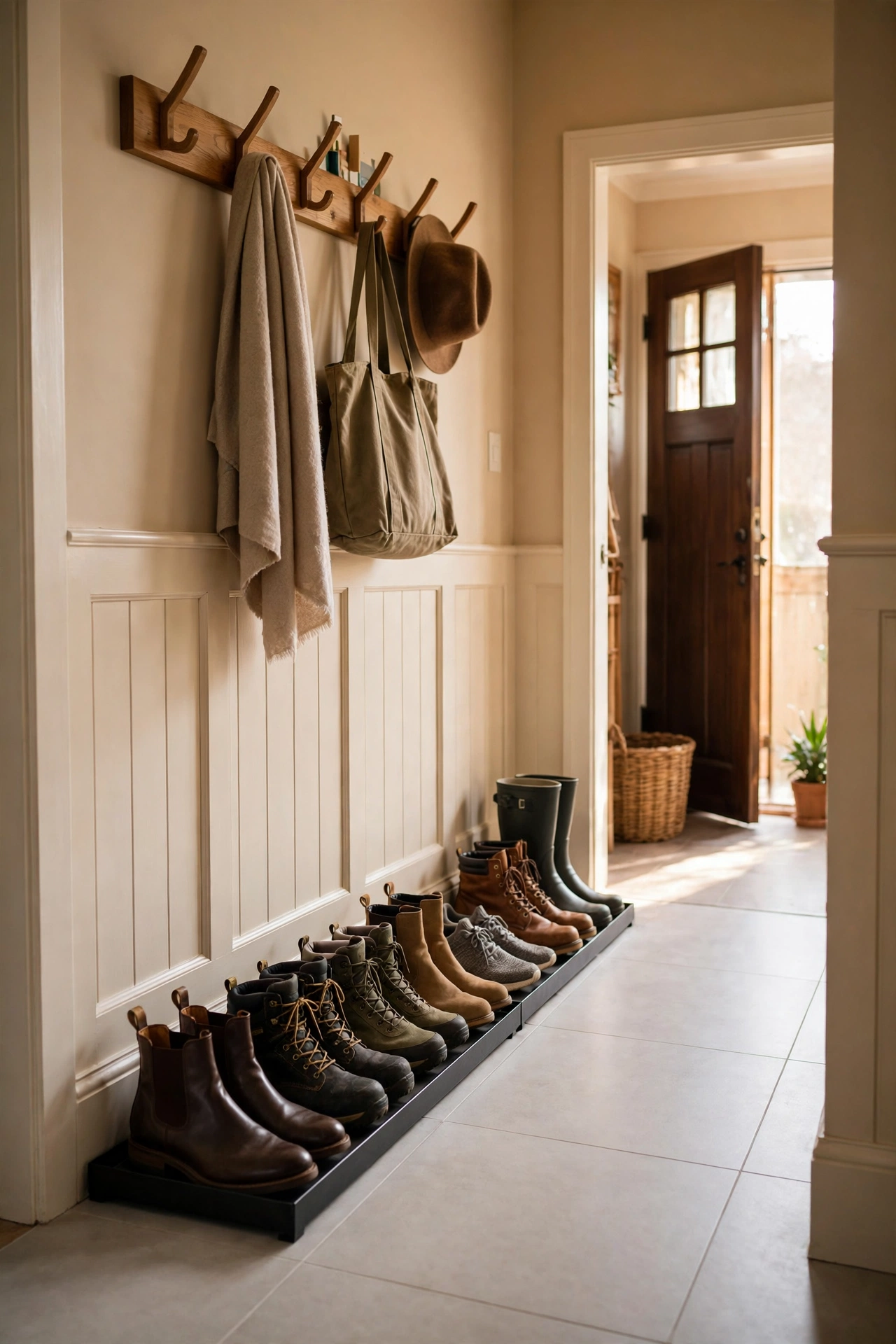 dollar store organization ideas: boot tray lining up shoes in an entryway