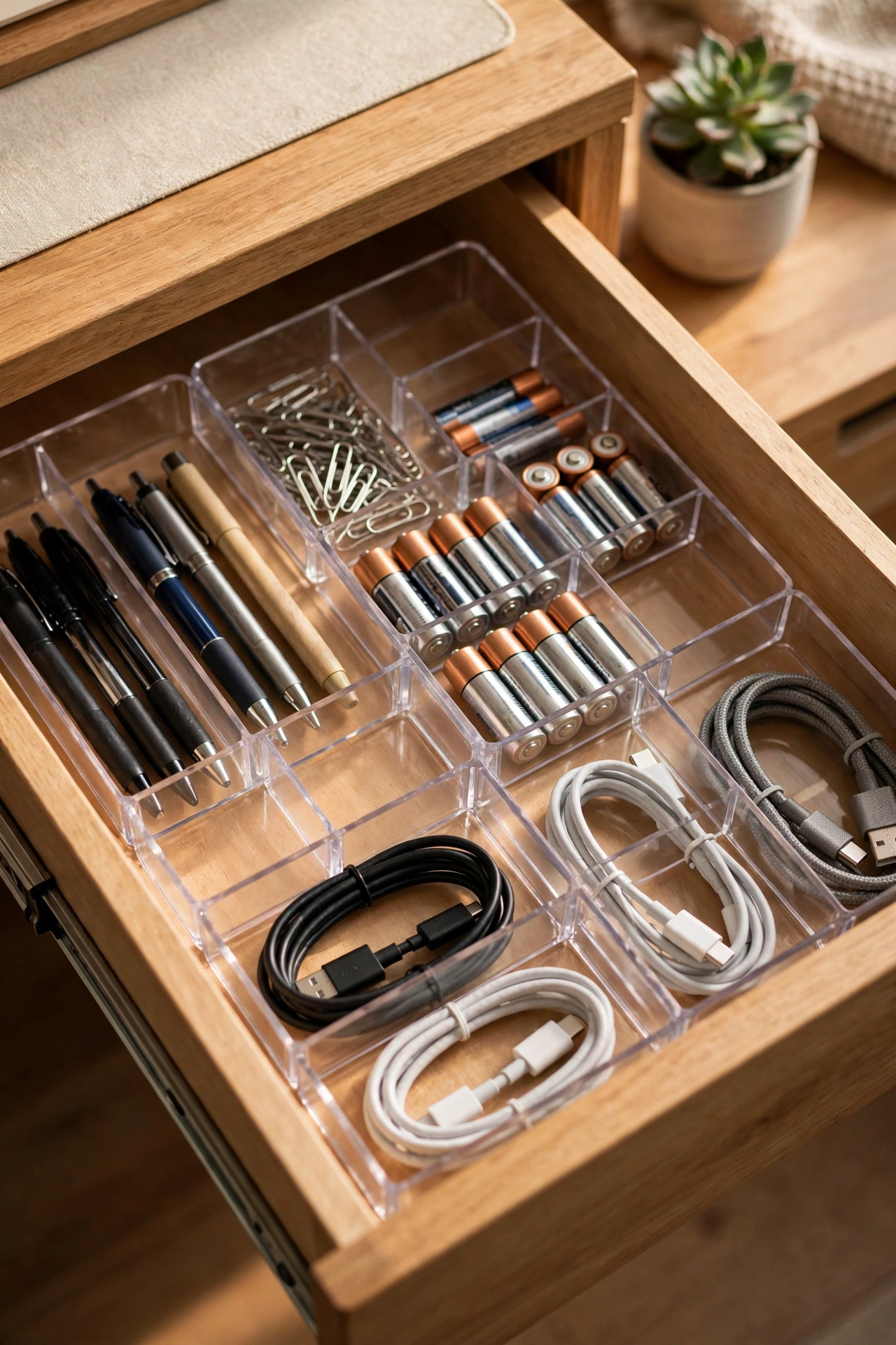 dollar store organization ideas: slim trays organising a home office desk drawer