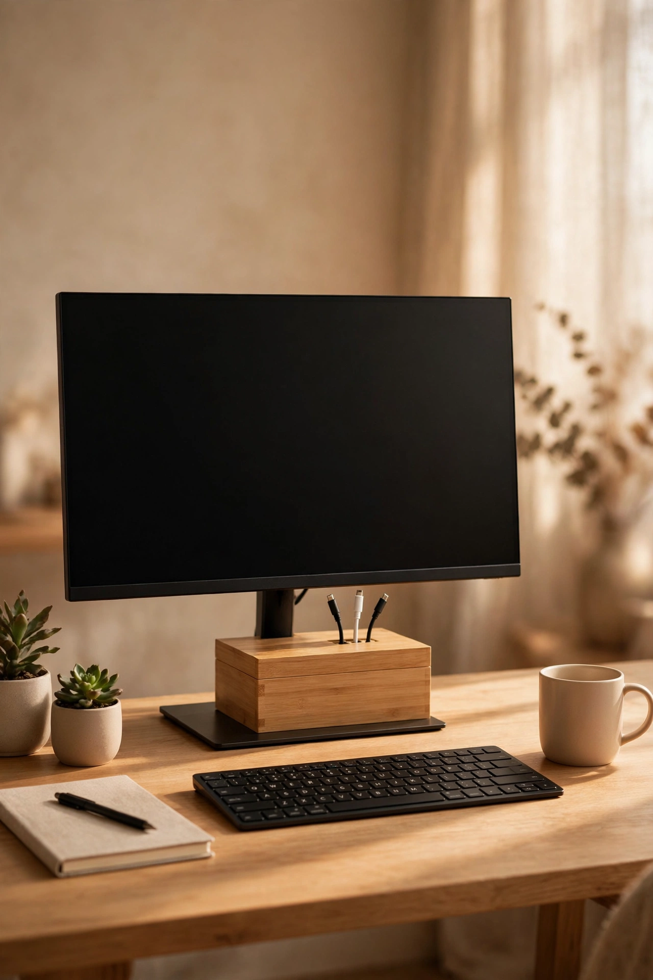dollar store organization ideas: lidded box hiding charging cables on a desk
