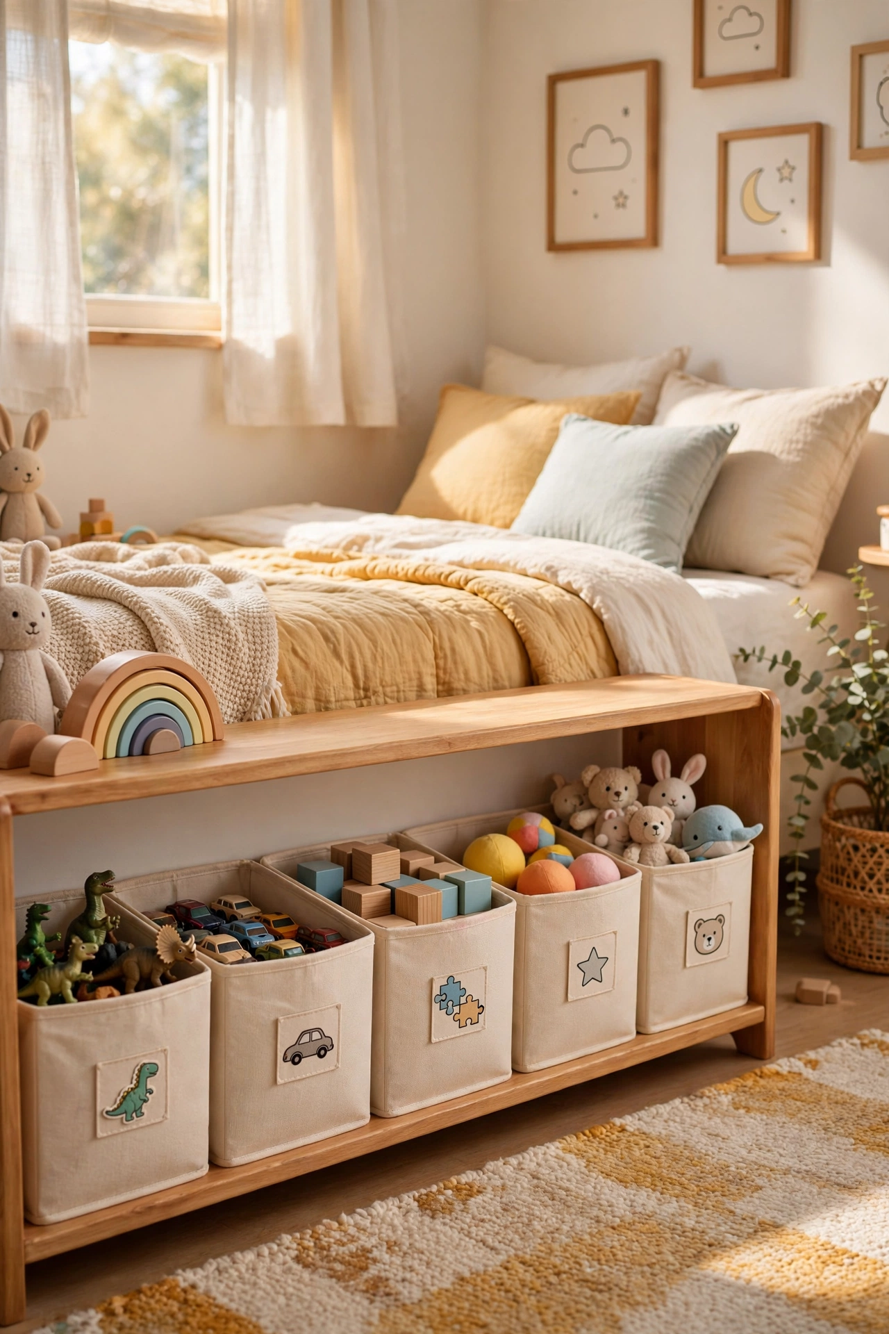 dollar store organization ideas: labelled bins organising toys in a kids room