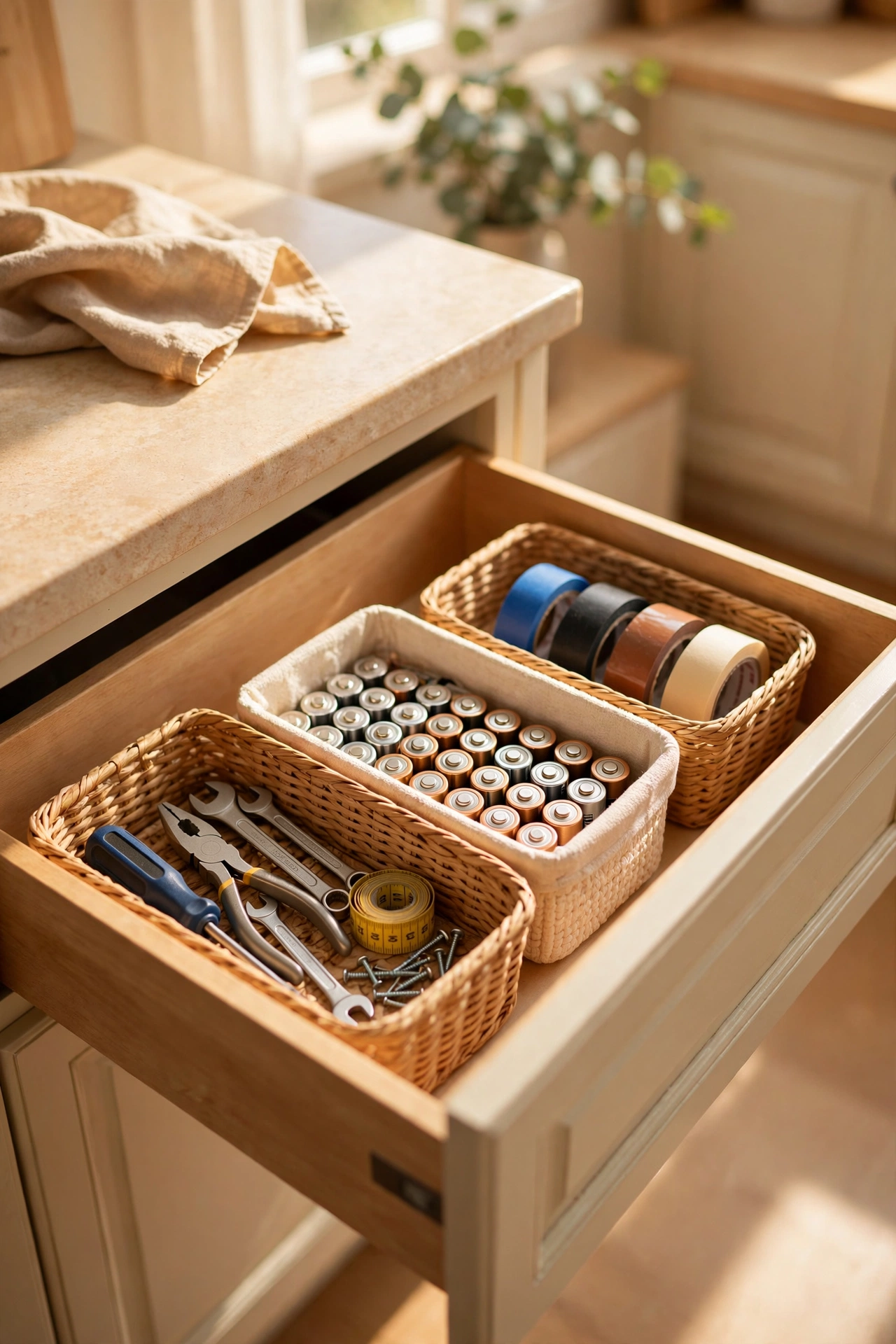 dollar store organization ideas: three bins rescuing a kitchen junk drawer