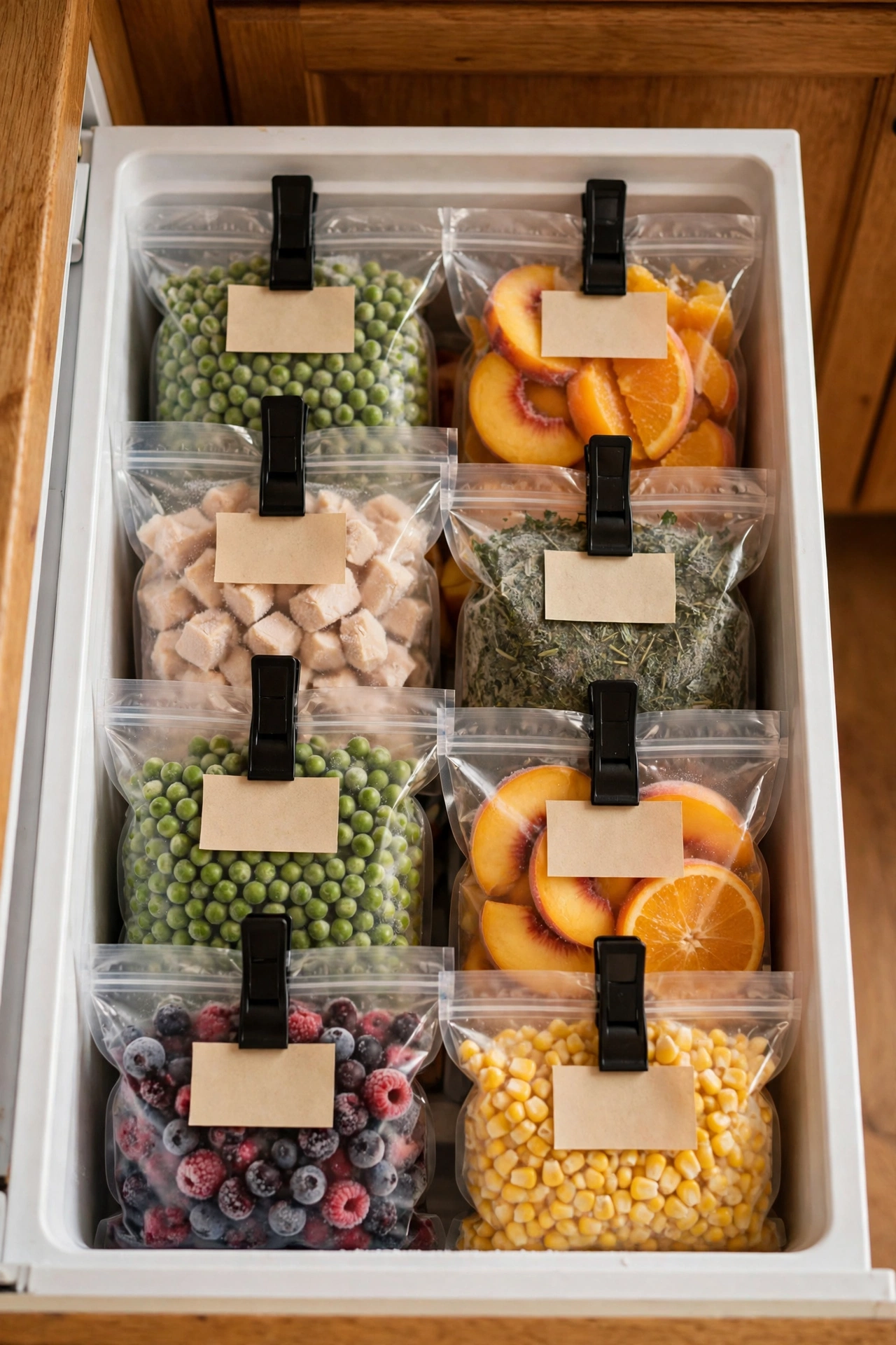 dollar store organization ideas: labelled clips tracking freezer bags