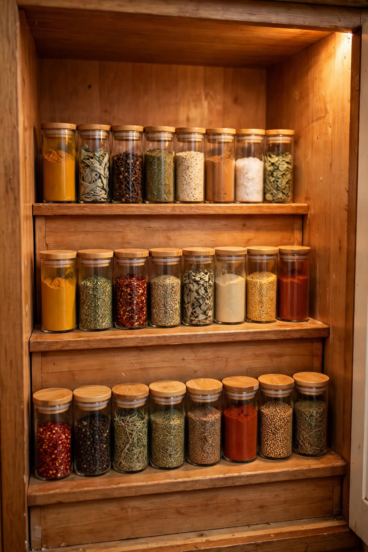 dollar store organization ideas: tiered shelf organising spice jars in a cupboard