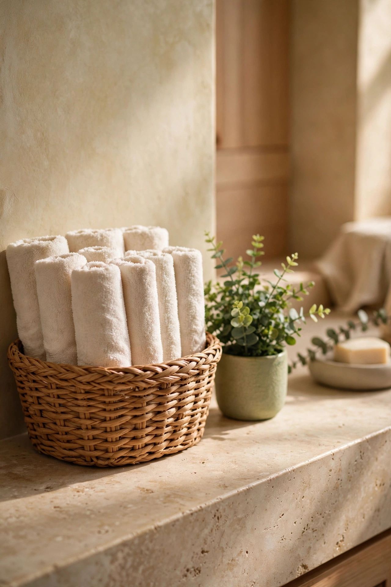 dollar store organization ideas: basket of rolled towels in a guest bathroom
