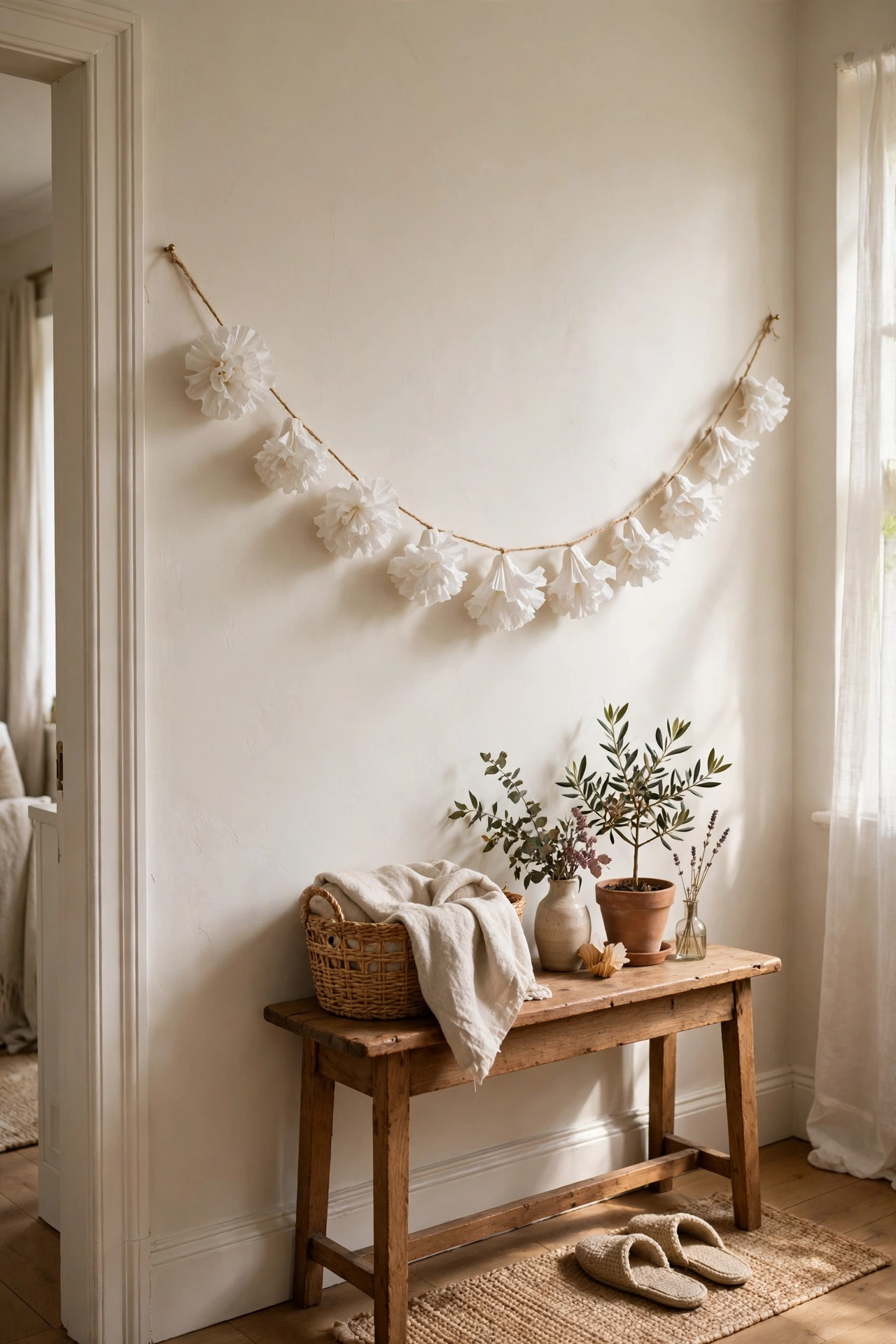 dollar tree garland: coffee filter flowers strung as a spring bloom garland