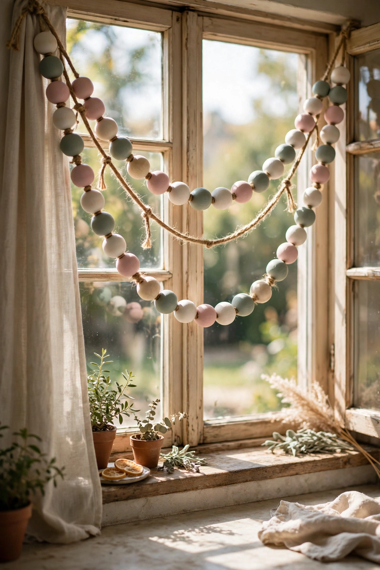 dollar tree garland: pastel painted wooden beads threaded as a spring garland