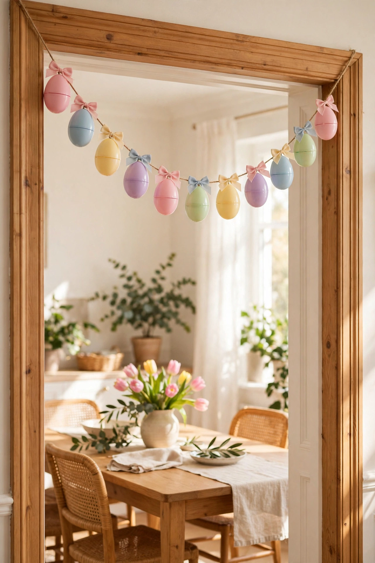 dollar tree garland: pastel plastic Easter eggs strung on twine