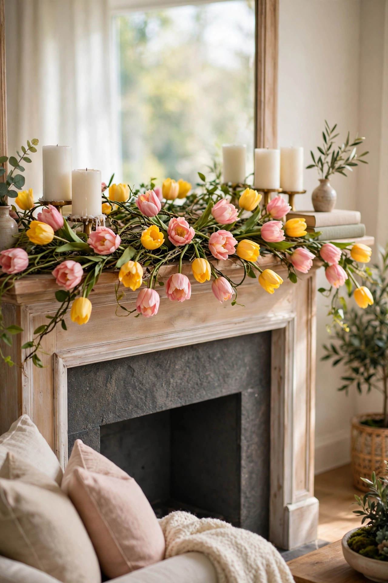 dollar tree garland: faux tulips wired onto a vine garland on a mantel