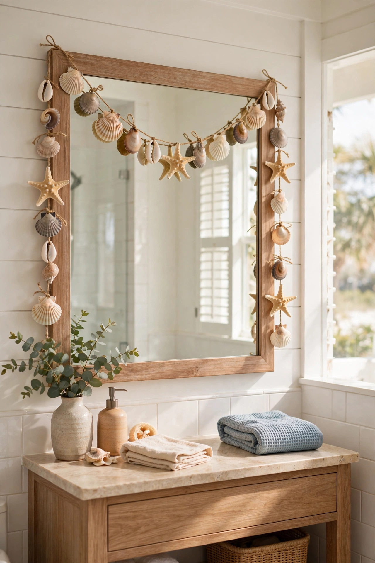 dollar tree garland: seashells and starfish strung as a summer garland