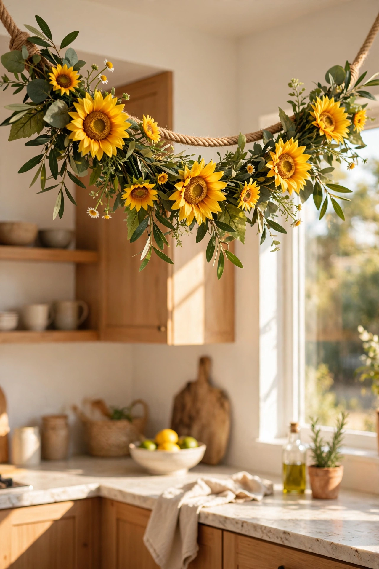 dollar tree garland: faux sunflowers wired along a rope garland