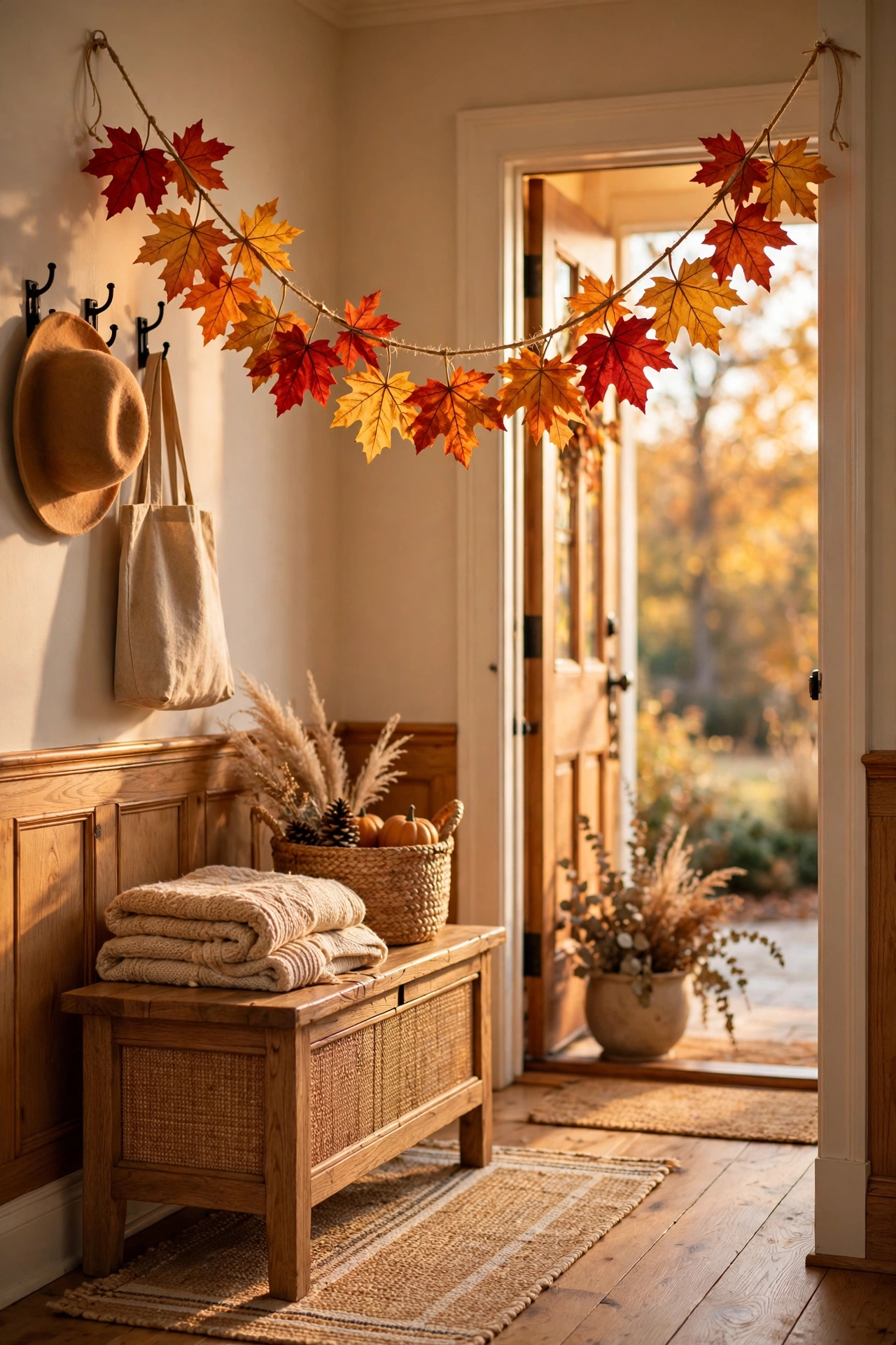 dollar tree garland: faux autumn maple leaves strung on twine