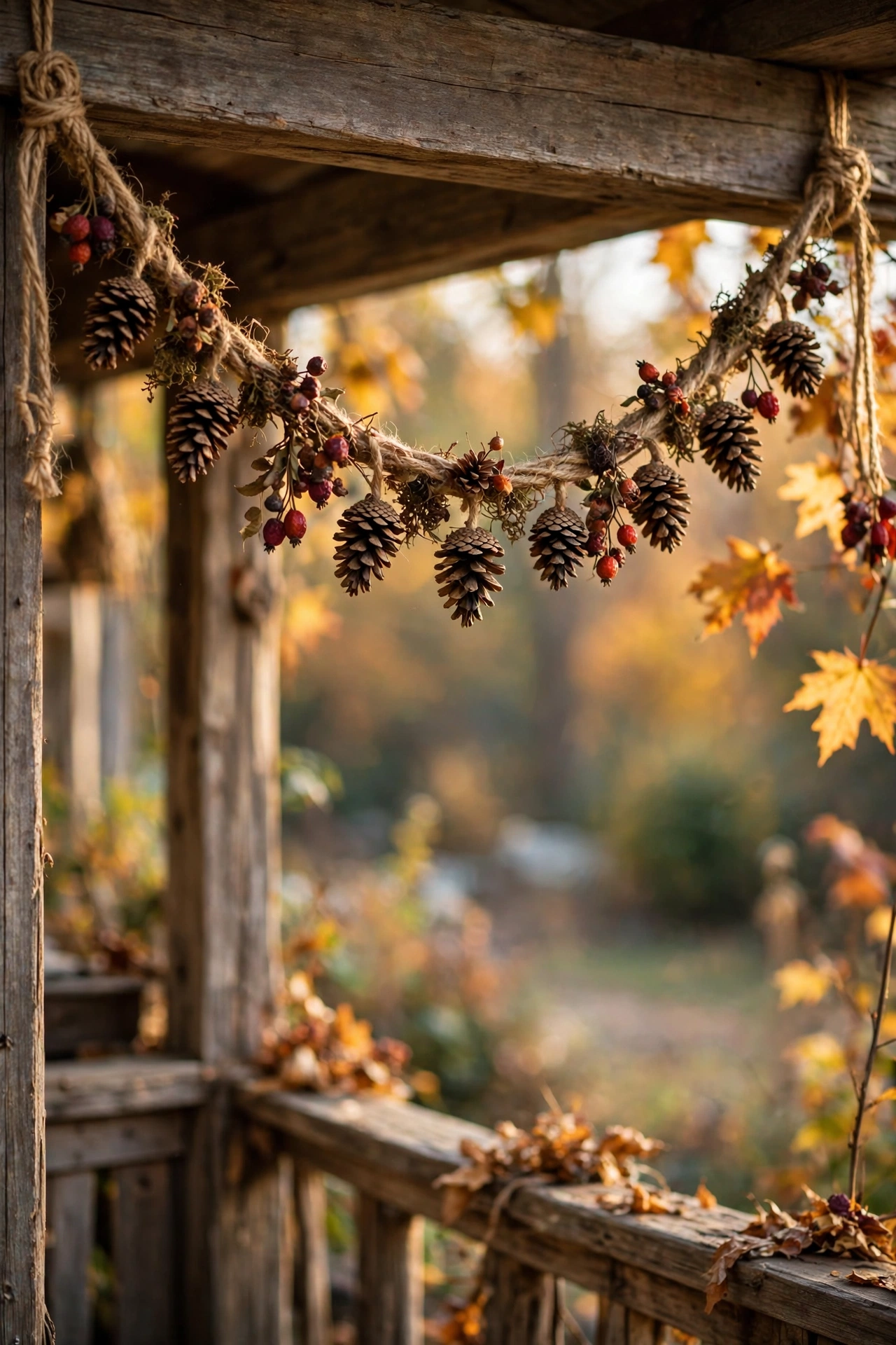 dollar tree garland: pinecones wired along jute twine as a rustic autumn garland