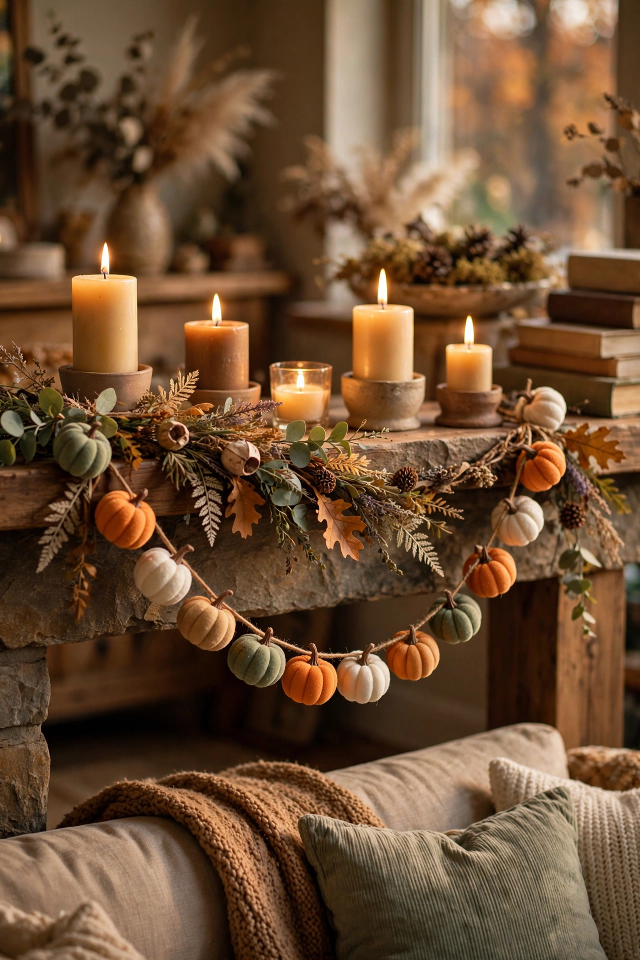 dollar tree garland: mini foam pumpkins threaded on twine as a fall garland