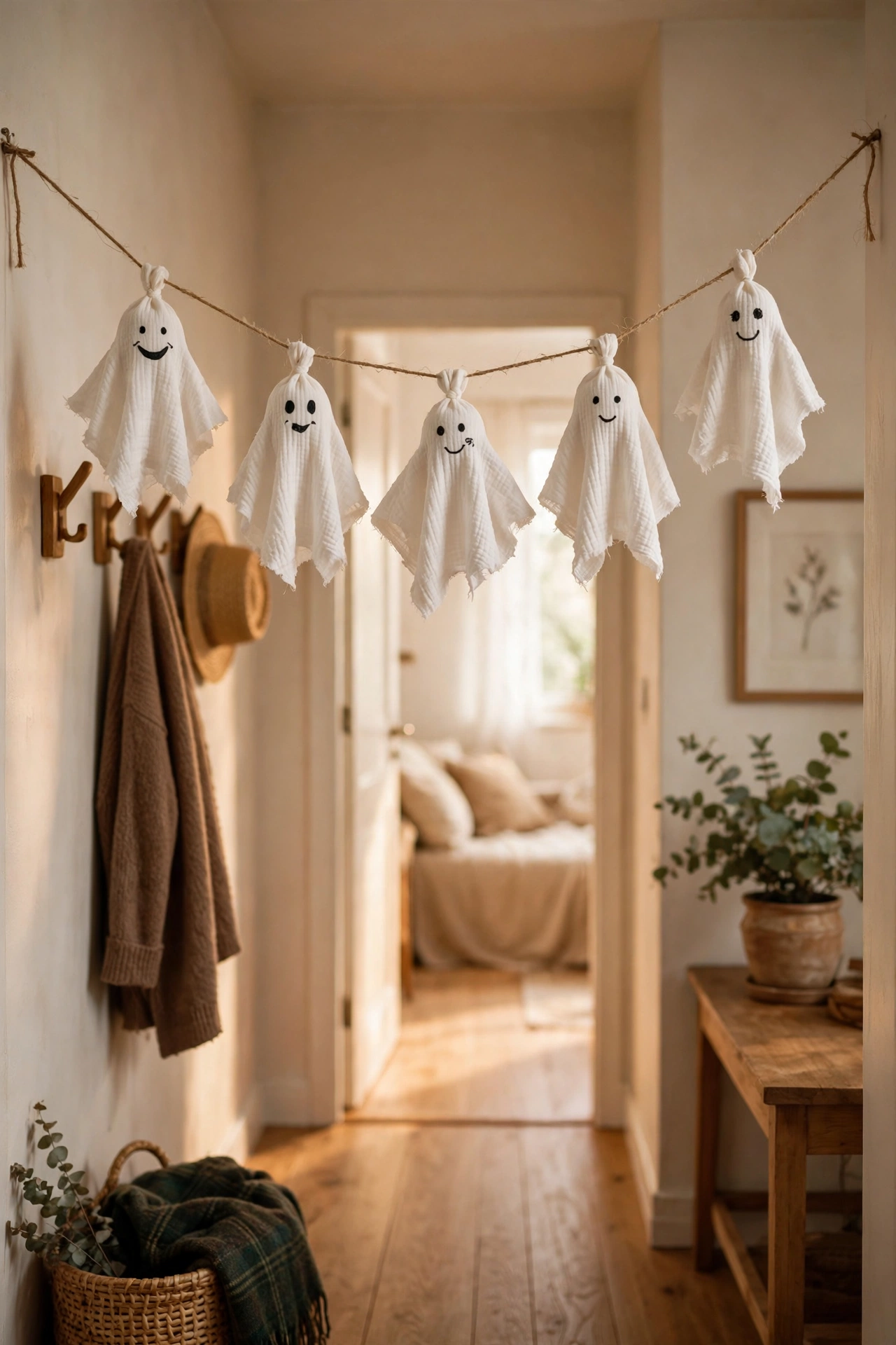 dollar tree garland: cute fabric ghost figures strung as a Halloween garland