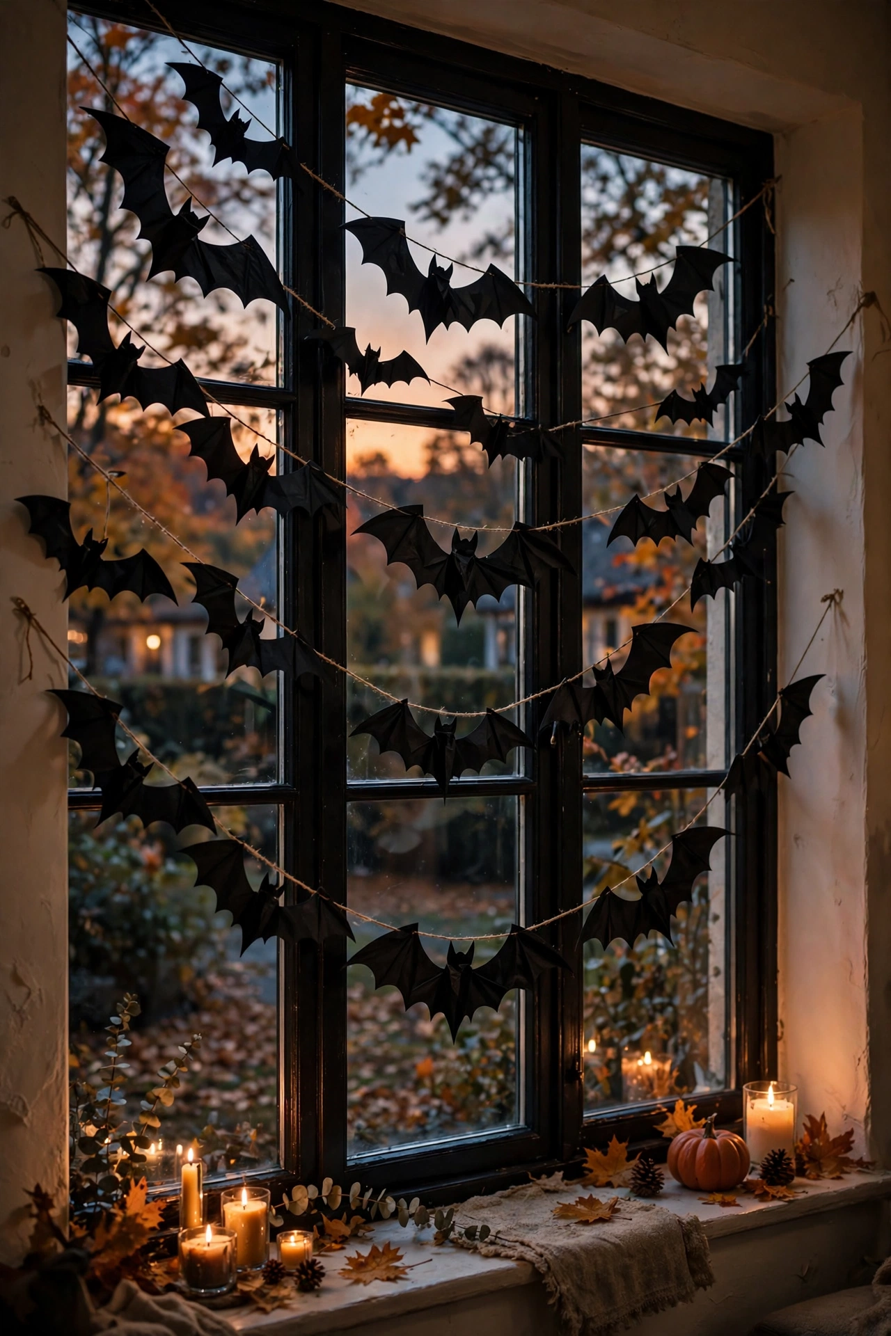 dollar tree garland: black card bats strung as a Halloween garland