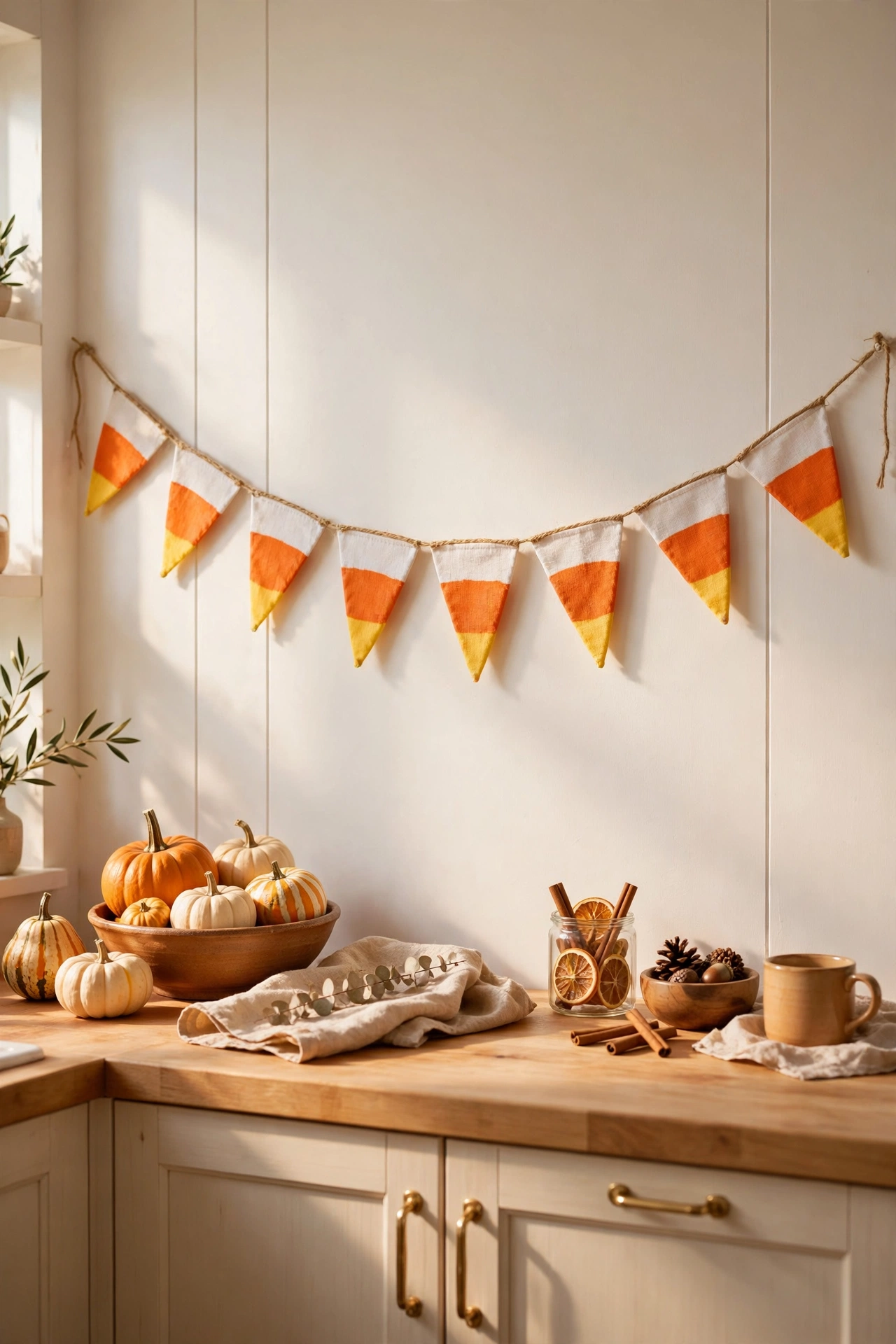 dollar tree garland: candy corn painted triangle bunting for Halloween