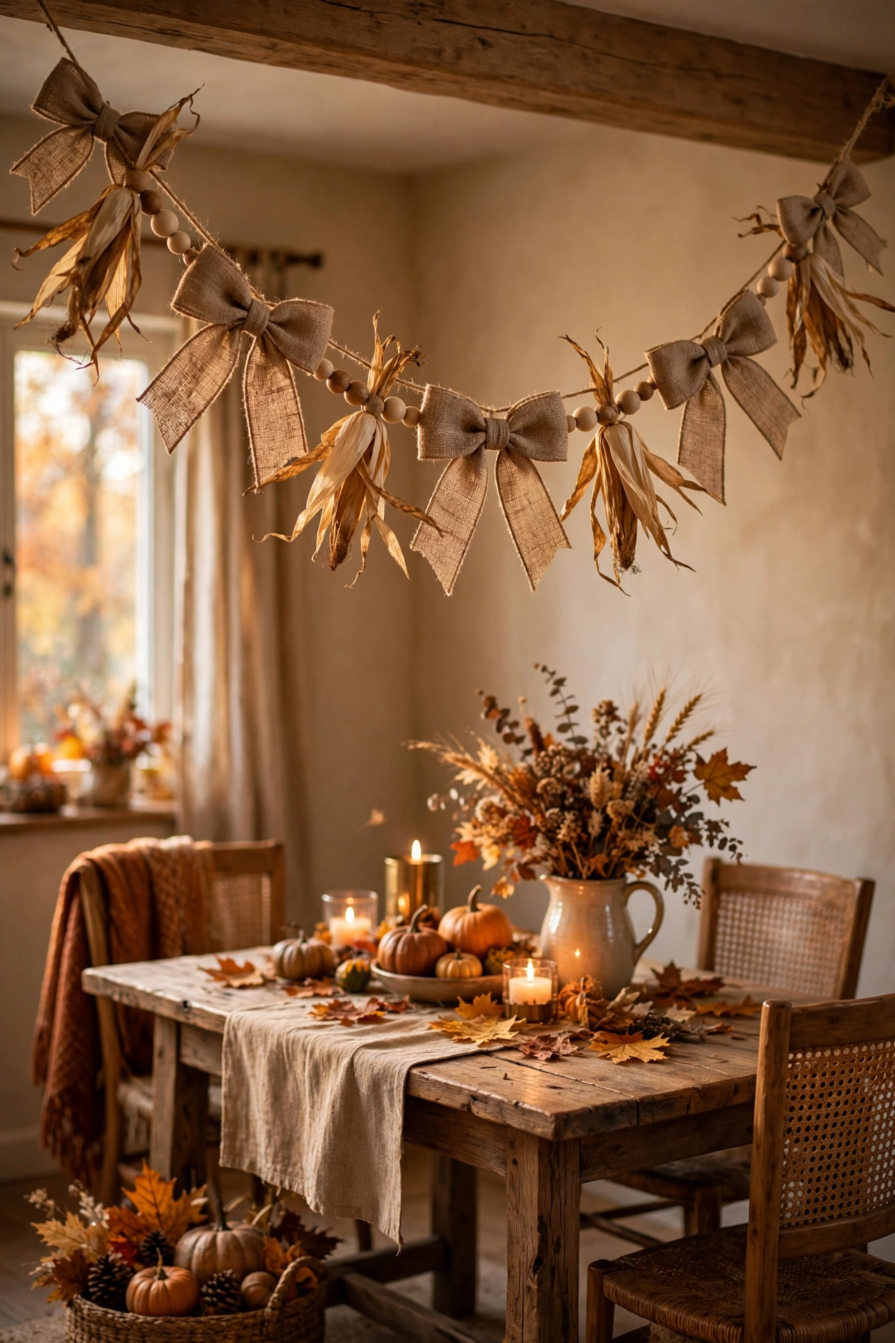 dollar tree garland: burlap bows and corn husks as a harvest garland