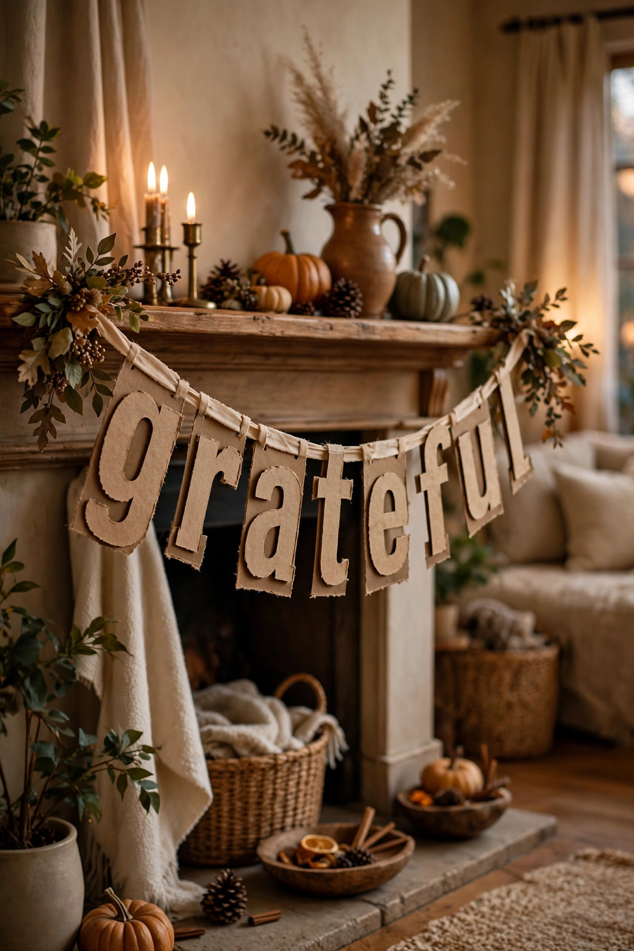 dollar tree garland: kraft card letters spelling grateful as a Thanksgiving garland