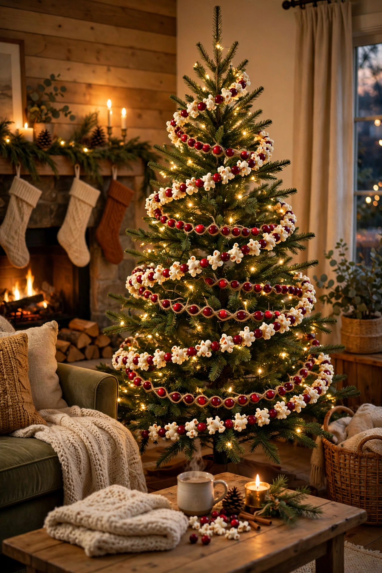 dollar tree garland: classic popcorn and cranberry garland on a Christmas tree