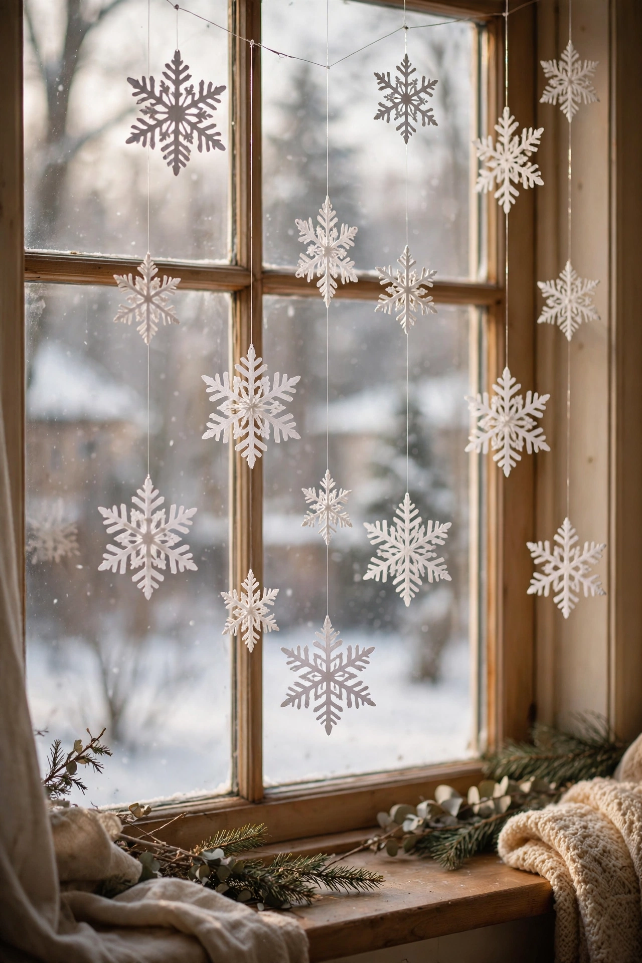 dollar tree garland: snowflakes on clear fishing line as a floating winter garland