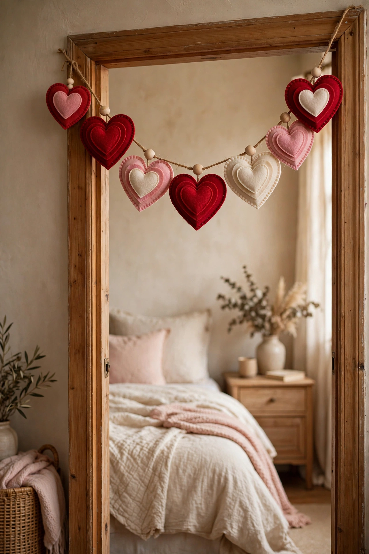 dollar tree garland: felt hearts in red and pink strung as a Valentine garland
