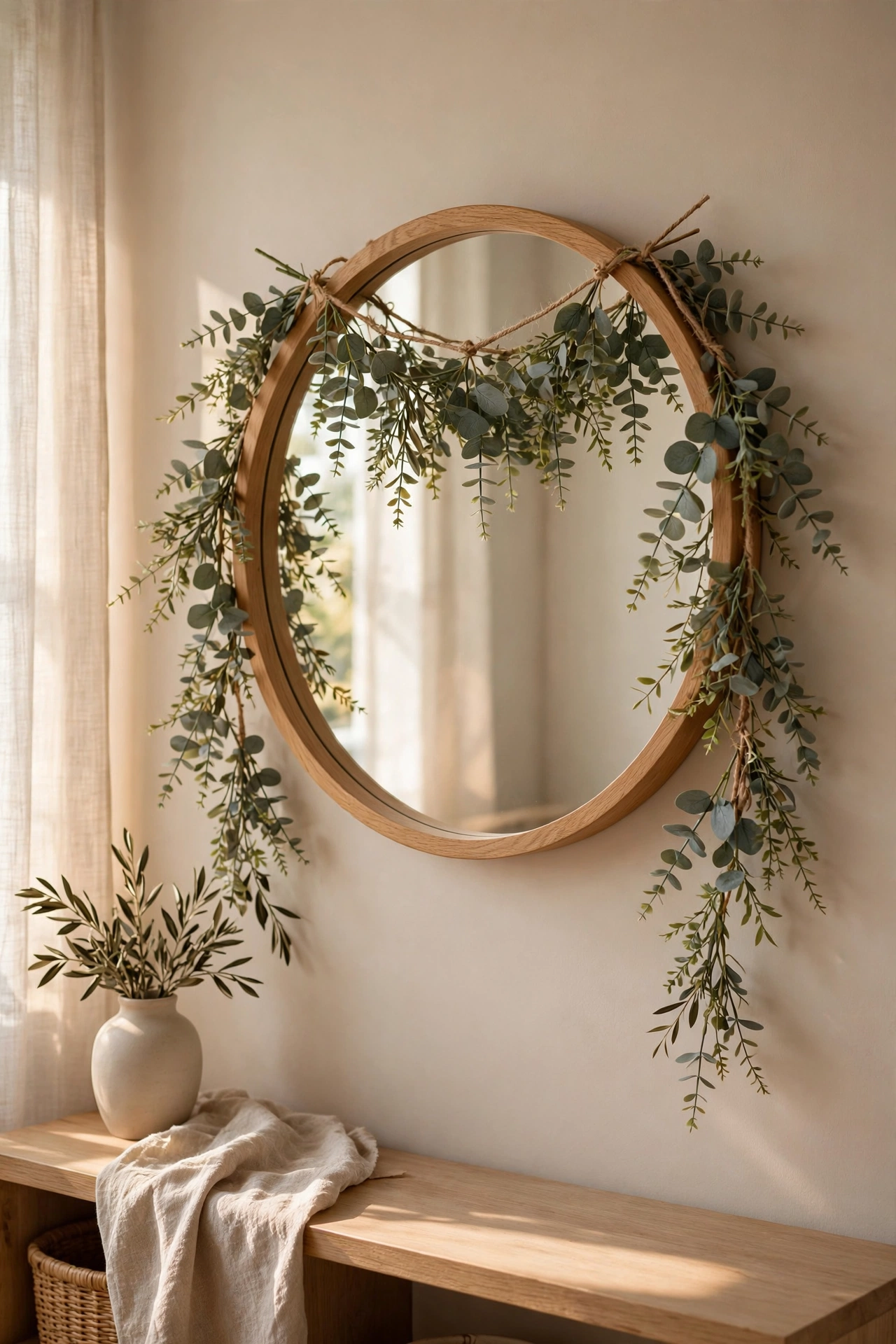 dollar tree garland: faux eucalyptus sprigs tied as an everyday green garland
