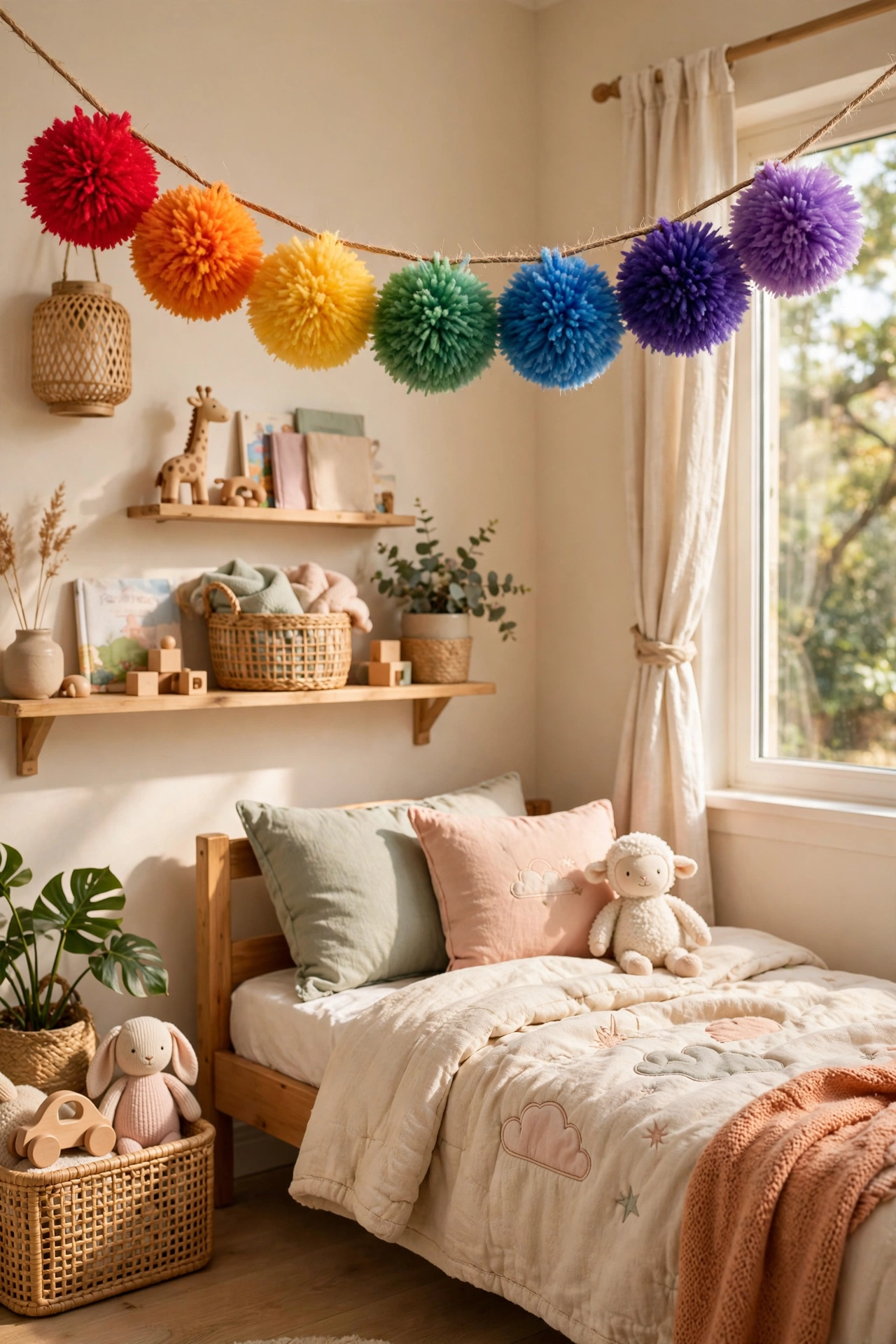 dollar tree garland: rainbow pompoms strung as a kids room garland