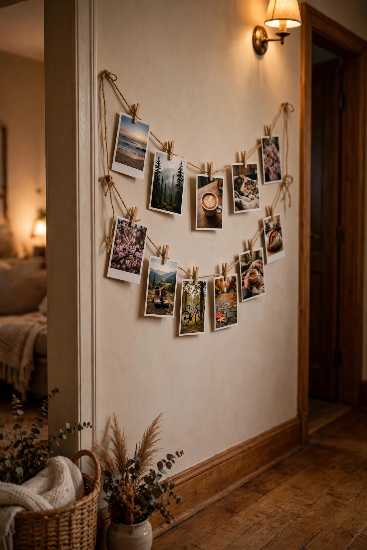 dollar tree garland: mini pegs clipping photos onto twine as a memory garland