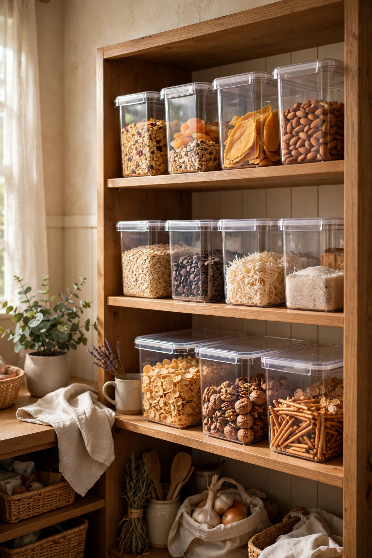 Clear stacking pantry bins holding snacks and baking supplies, dollar store organization ideas