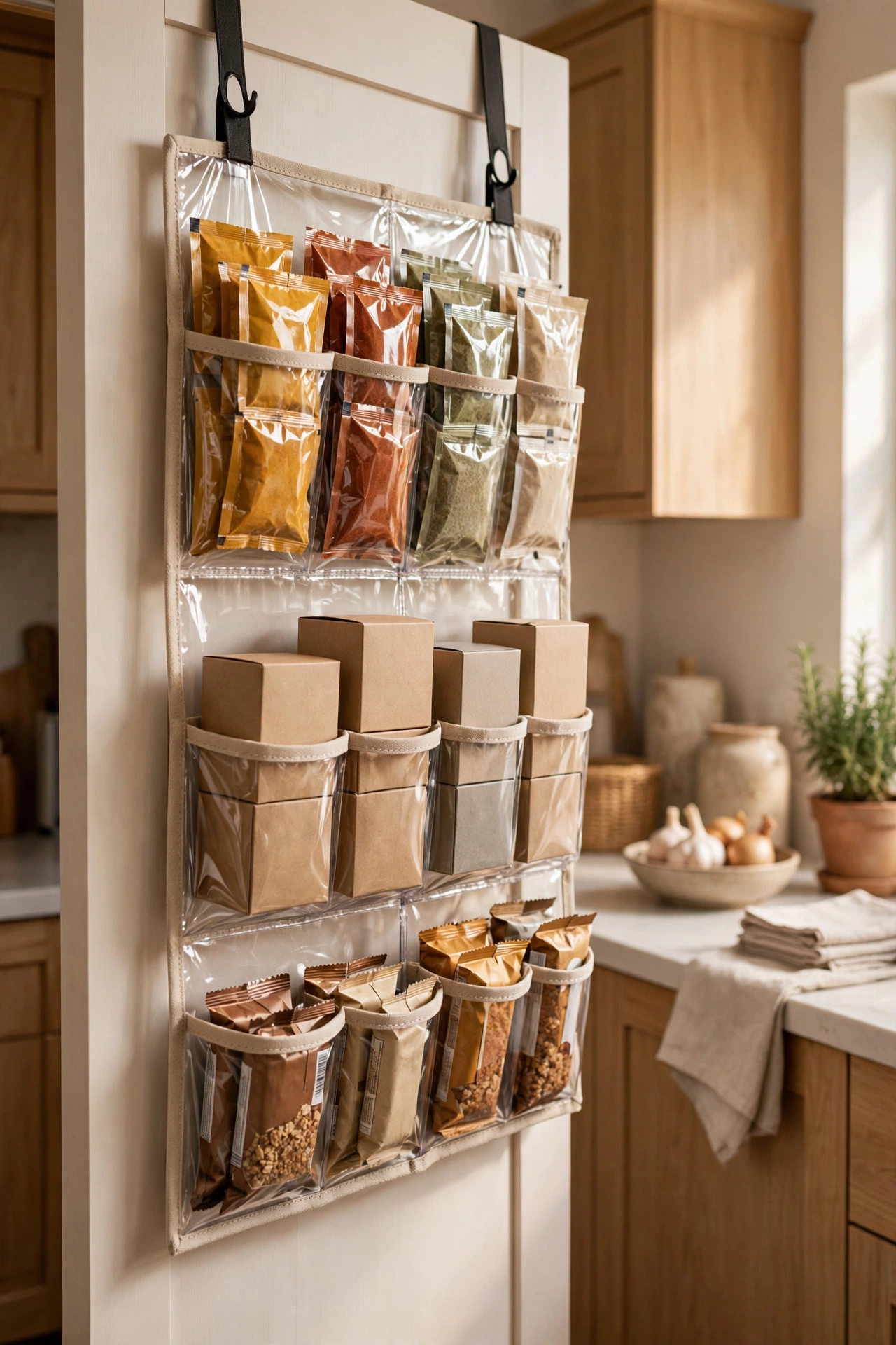Over-door clear pocket organiser filled with spice packets on pantry door