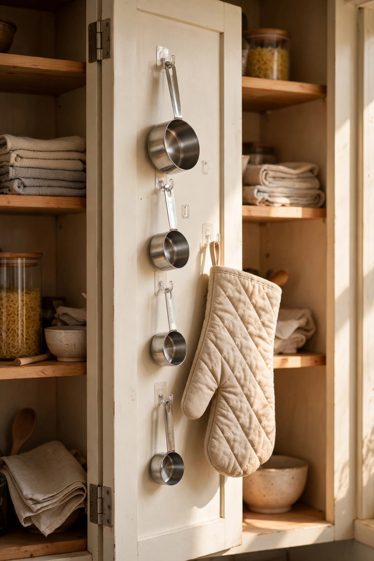 Small adhesive hooks inside a cupboard door holding measuring cups and oven glove