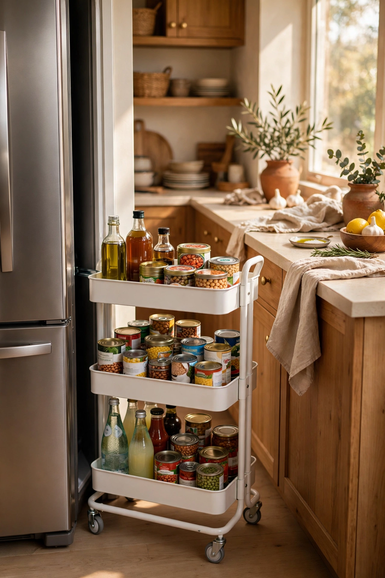 Slim rolling storage trolley in narrow gap between fridge and counter