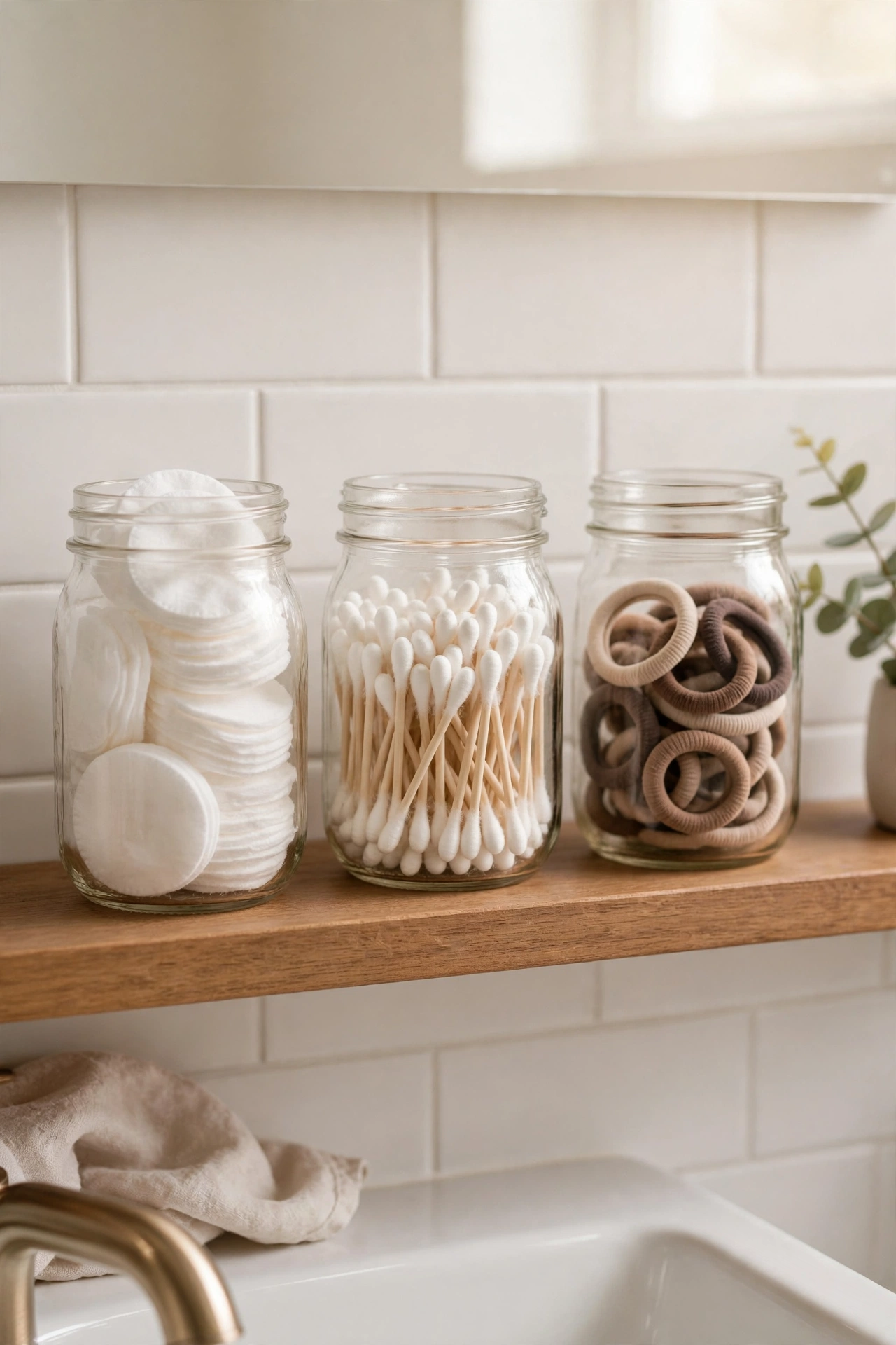 Three mason jars with cotton pads and hair ties on a bathroom shelf