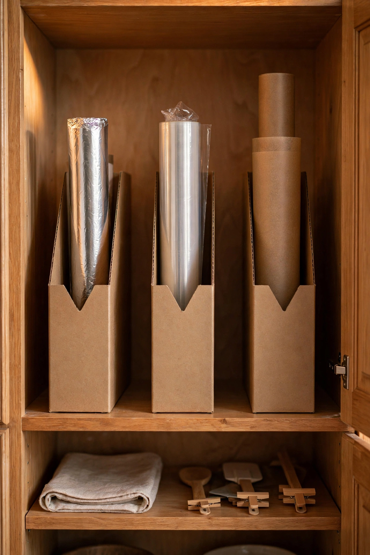 Magazine files standing upright holding foil rolls and baking paper in cupboard