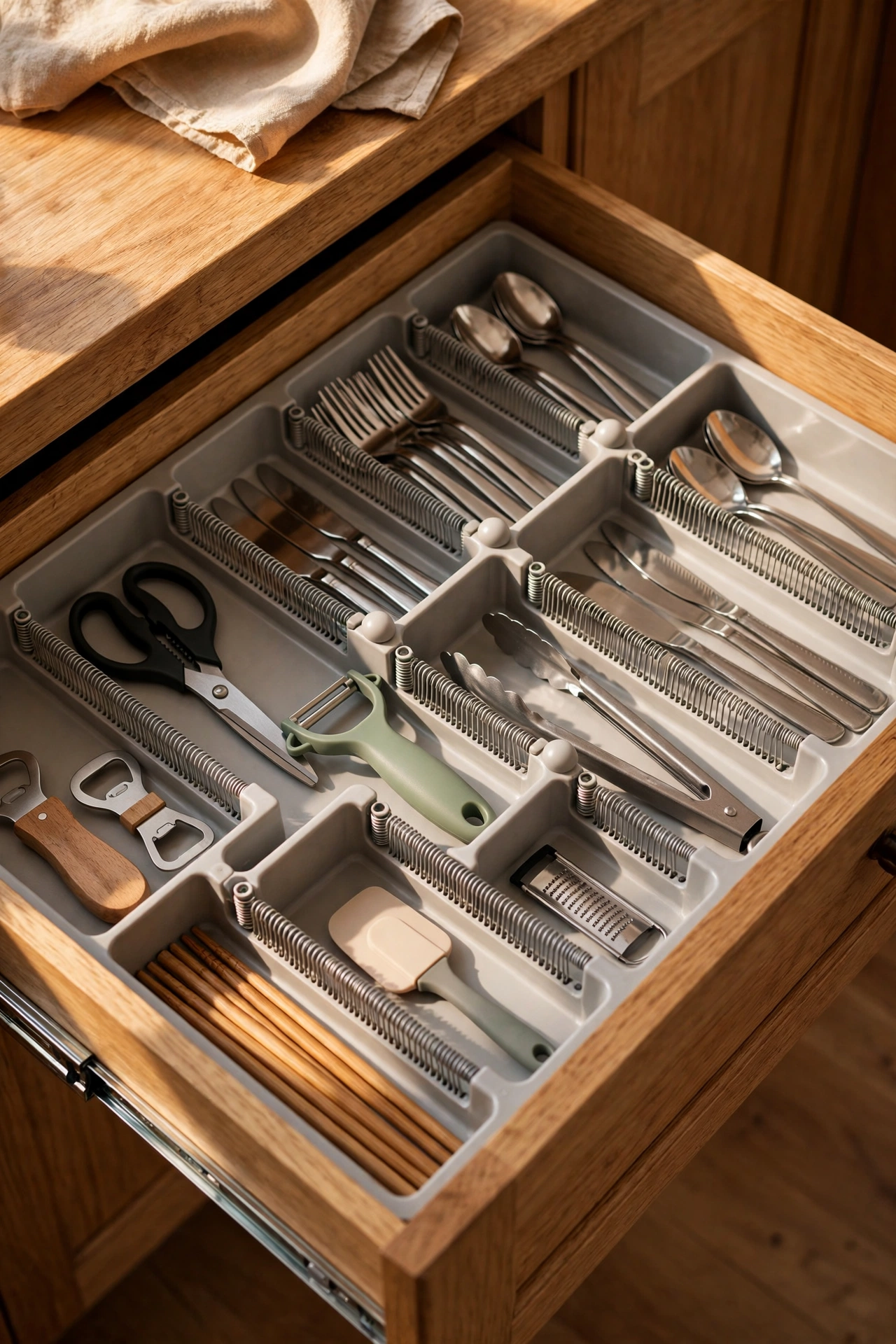 Kitchen drawer with spring-loaded dividers creating tidy compartments