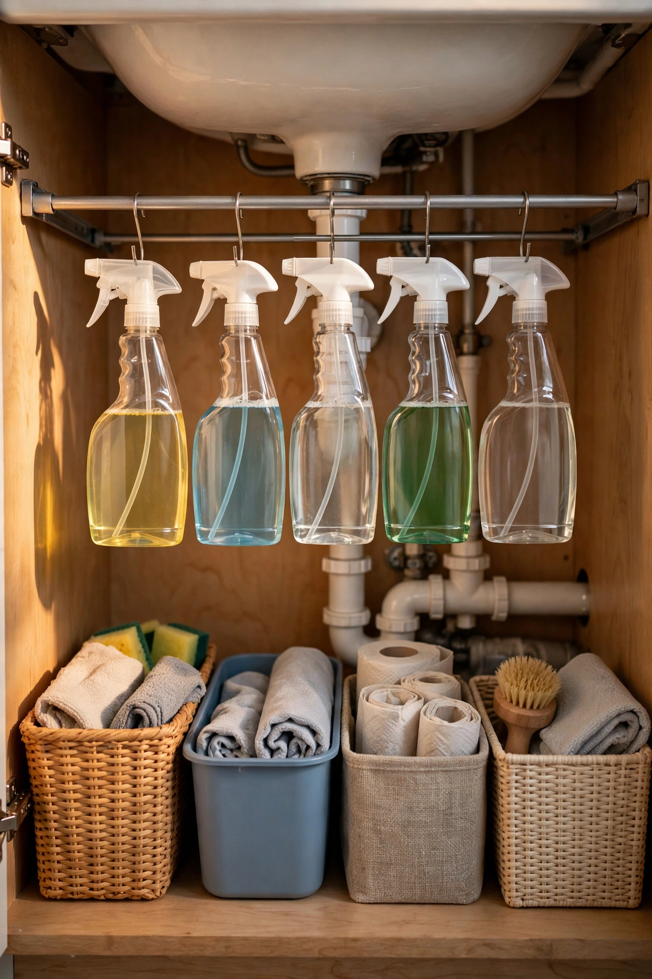 Tension rod under kitchen sink with spray bottles hanging from it