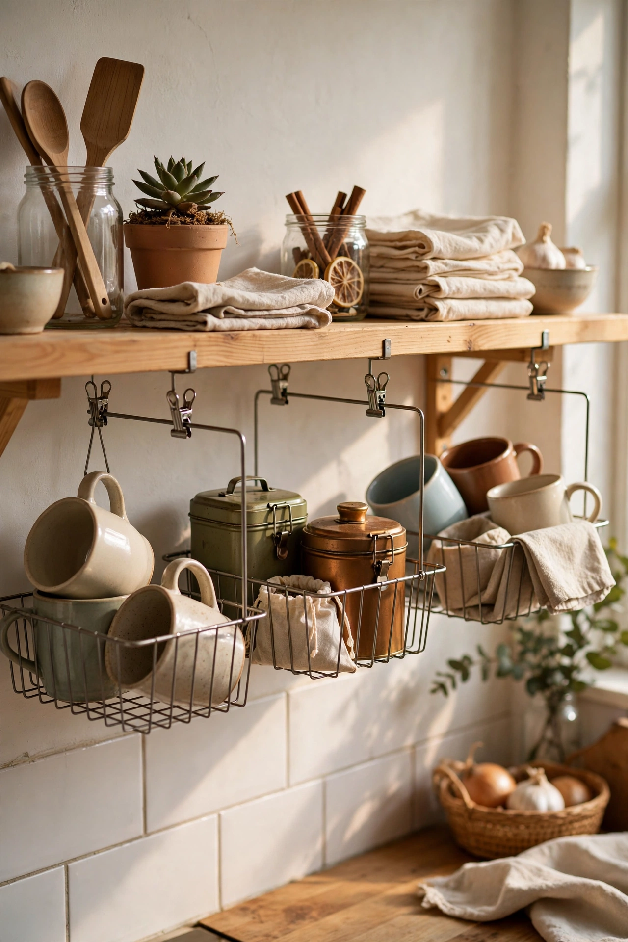 Wire clip-on baskets under a kitchen shelf holding mugs and tea tins