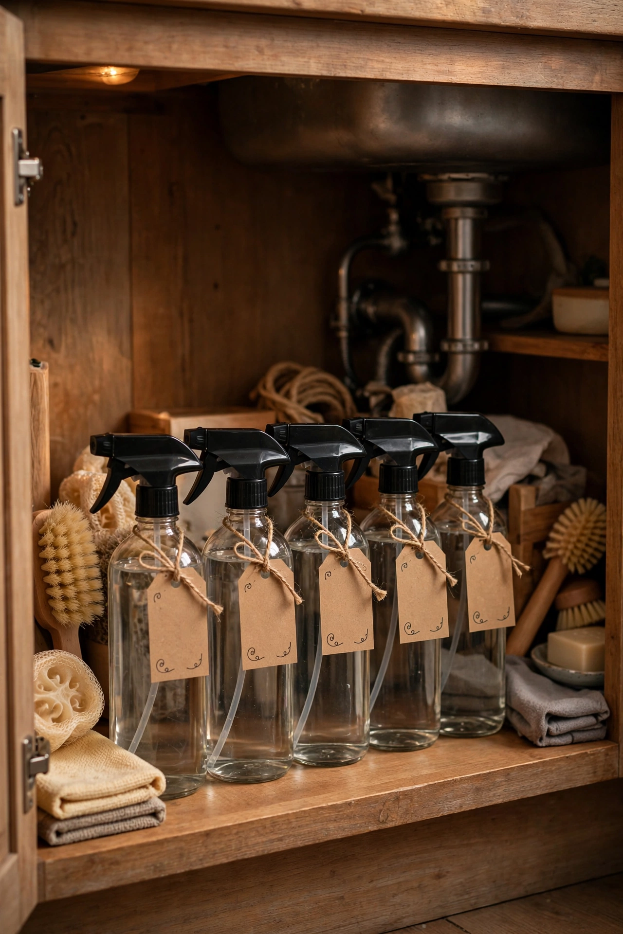 Matching refillable spray bottles with labels under the kitchen sink
