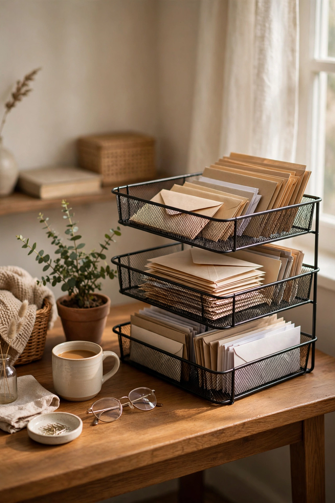 Three stacking paper trays on a home desk corner with sorted post