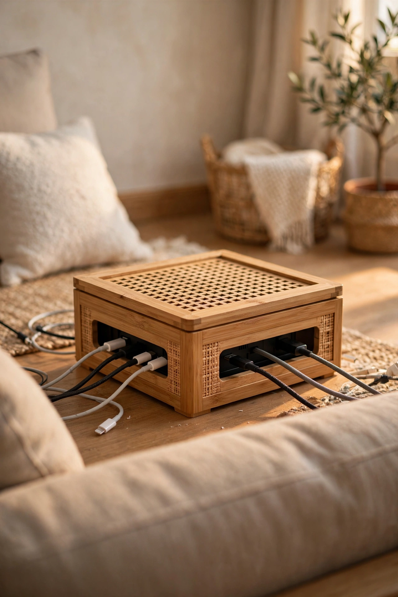 Lidded cable management box behind a sofa hiding charger cables