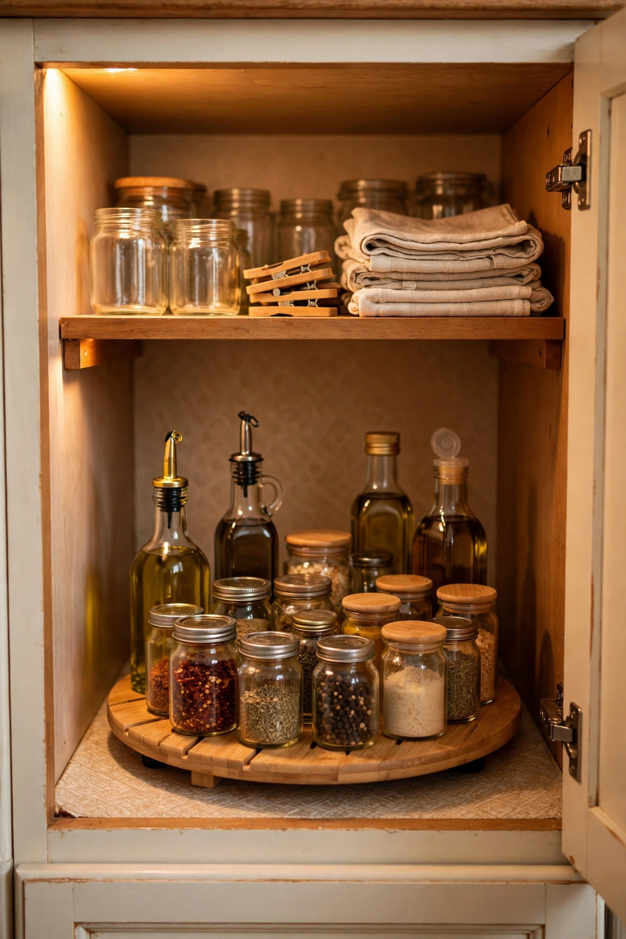 Small lazy susan turntable in a kitchen cupboard with spice jars