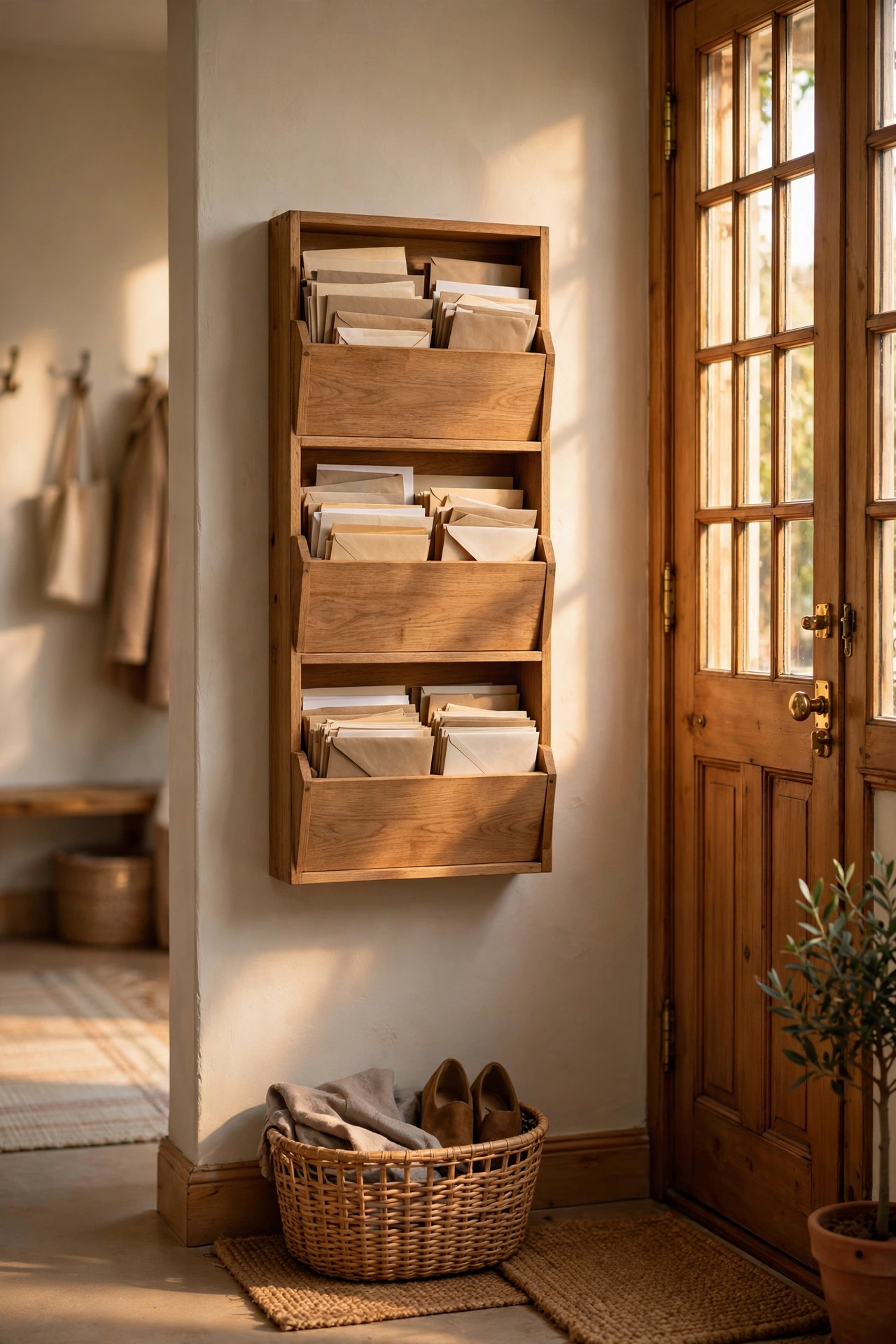 Wall-mounted mail sorter with pockets beside a front door