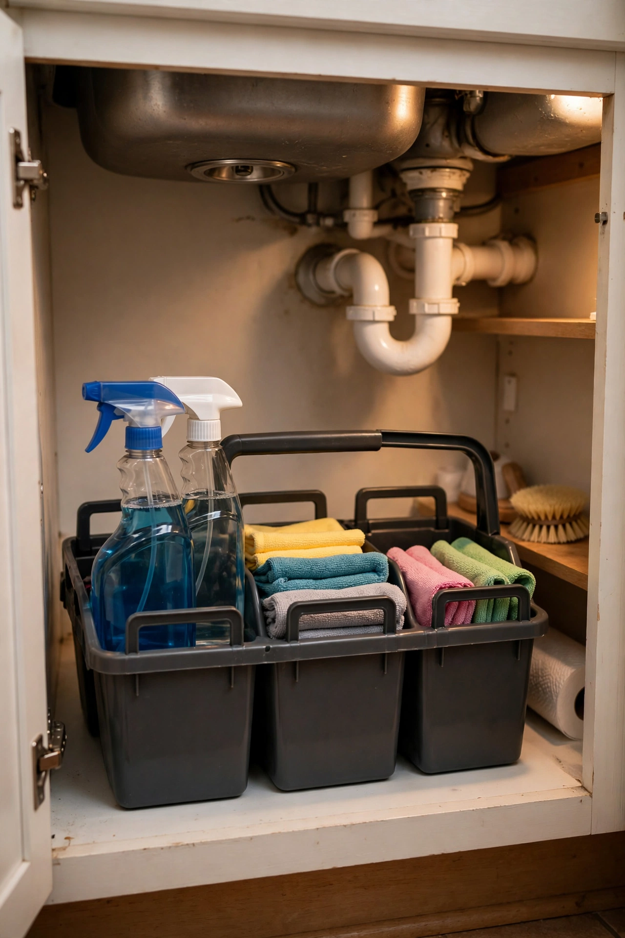 Handled cleaning caddy with bottles under the kitchen sink